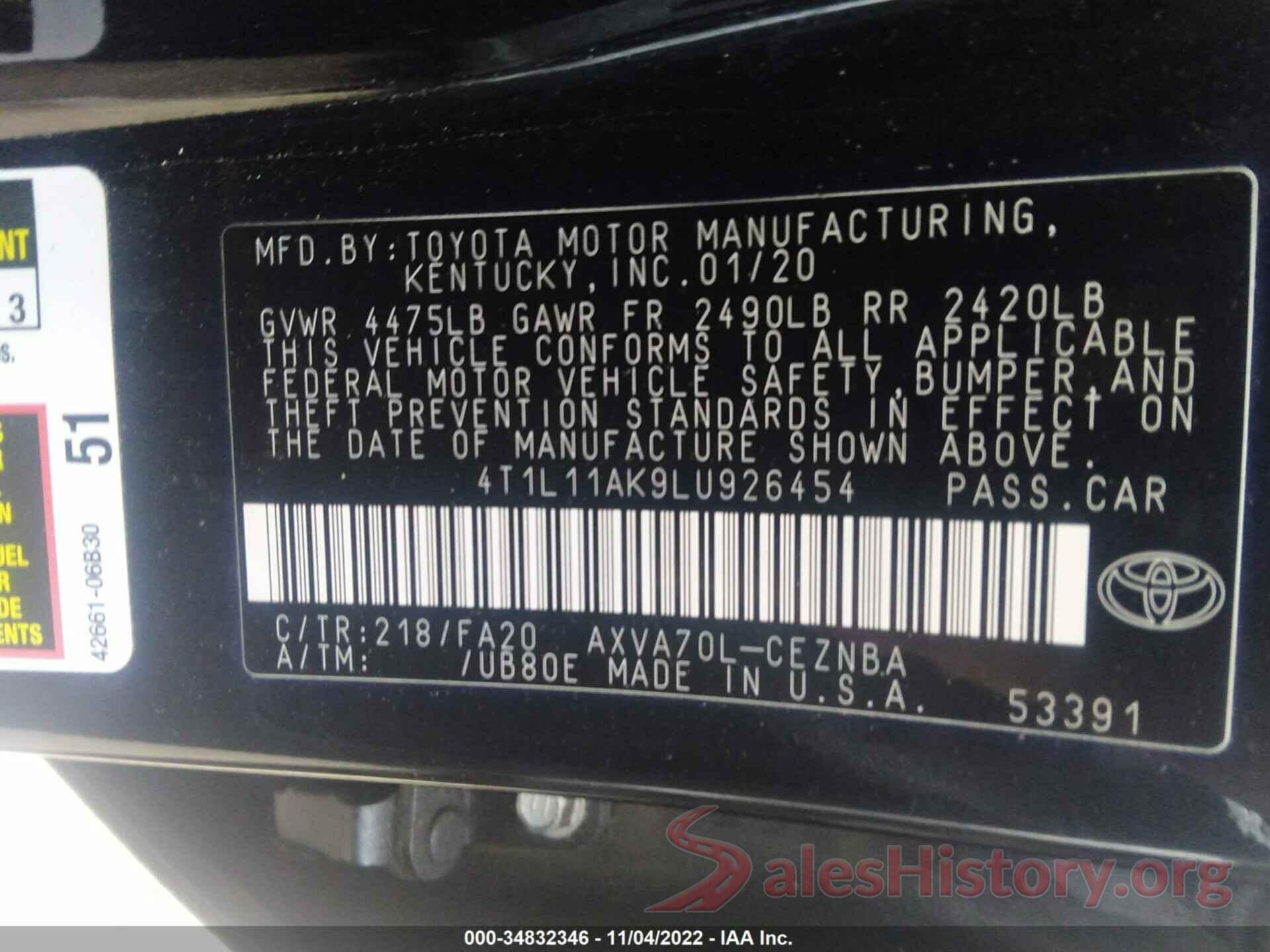 4T1L11AK9LU926454 2020 TOYOTA CAMRY