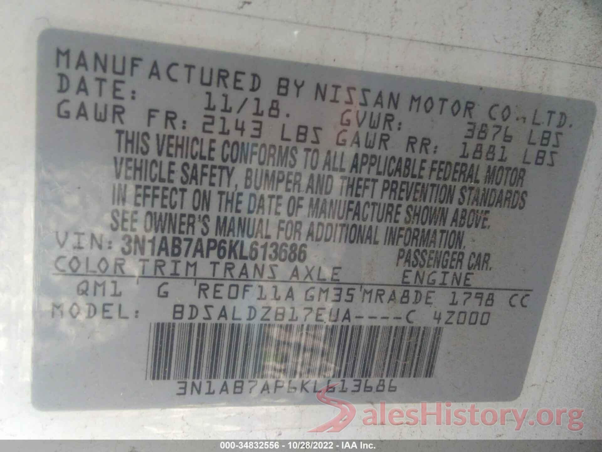 3N1AB7AP6KL613686 2019 NISSAN SENTRA