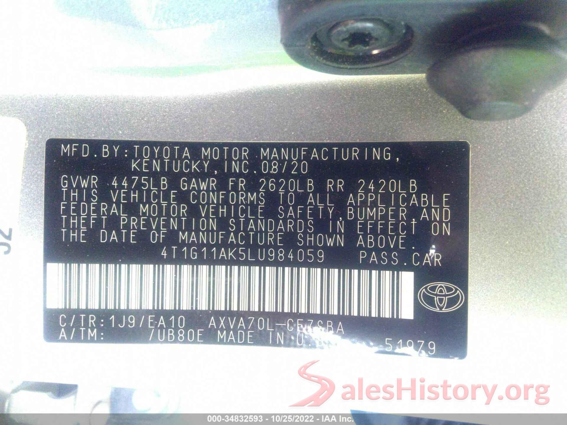 4T1G11AK5LU984059 2020 TOYOTA CAMRY