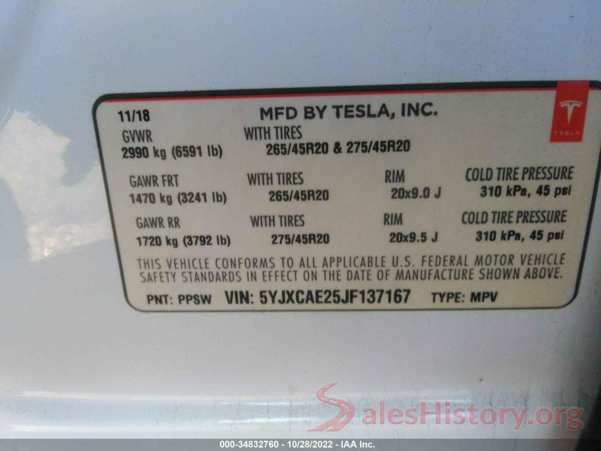 5YJXCAE25JF137167 2018 TESLA MODEL X