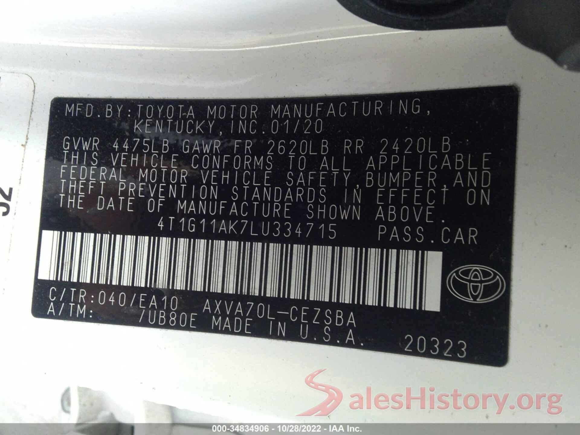 4T1G11AK7LU334715 2020 TOYOTA CAMRY