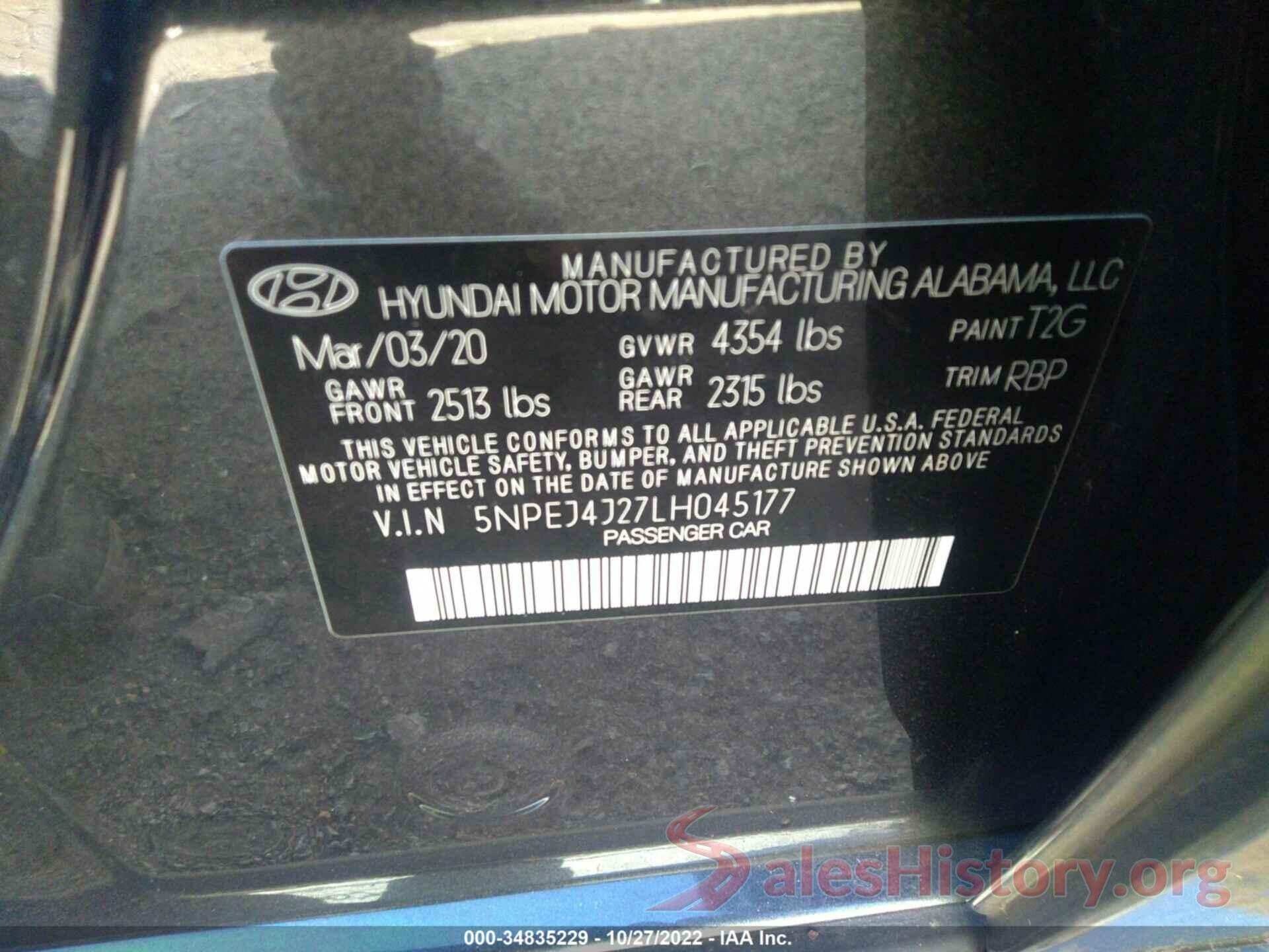 5NPEJ4J27LH045177 2020 HYUNDAI SONATA