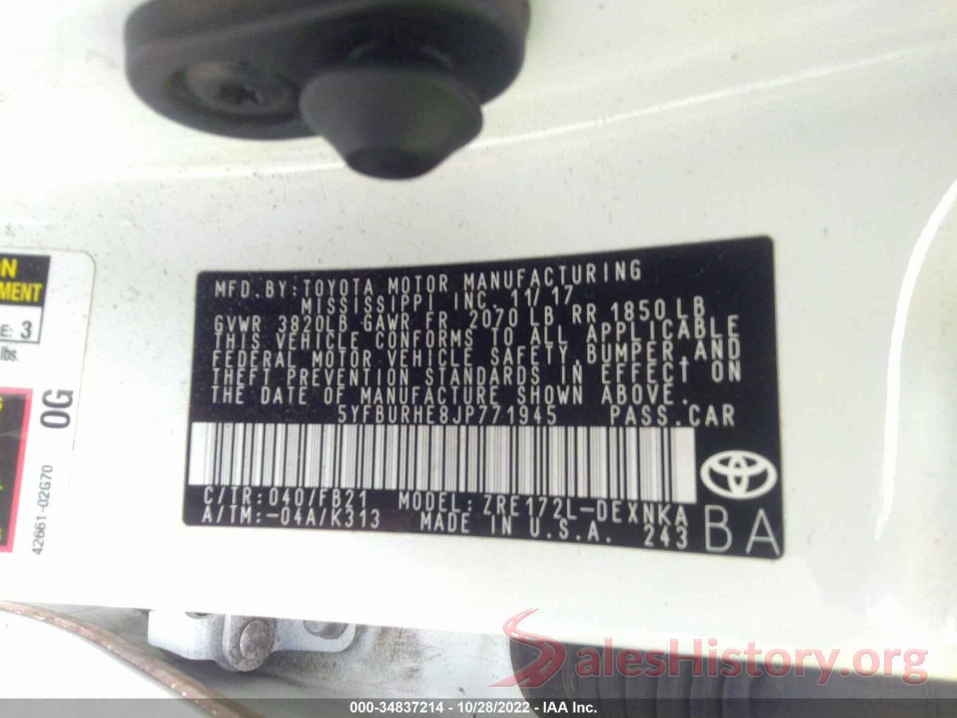 5YFBURHE8JP771945 2018 TOYOTA COROLLA