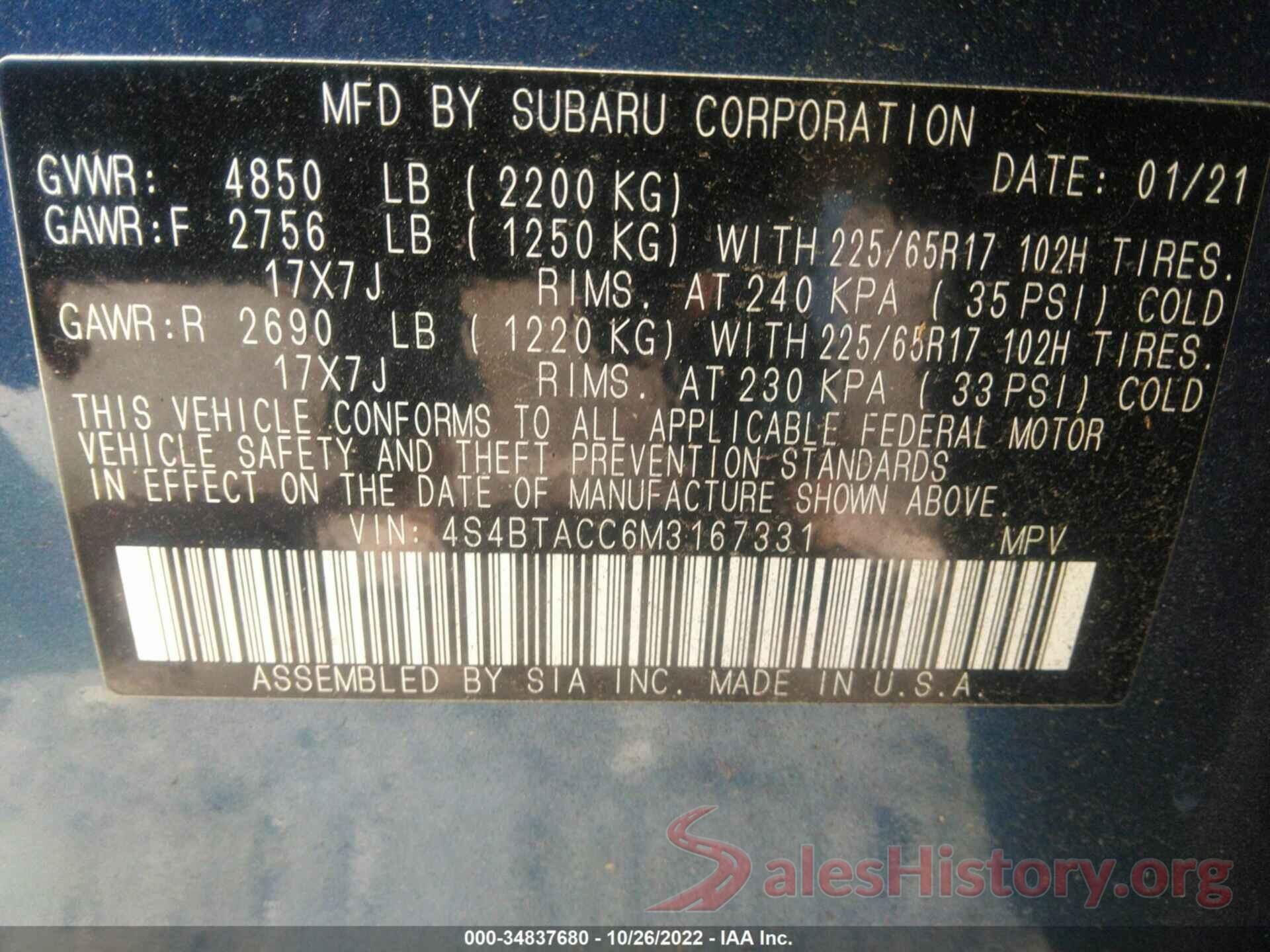 4S4BTACC6M3167331 2021 SUBARU OUTBACK