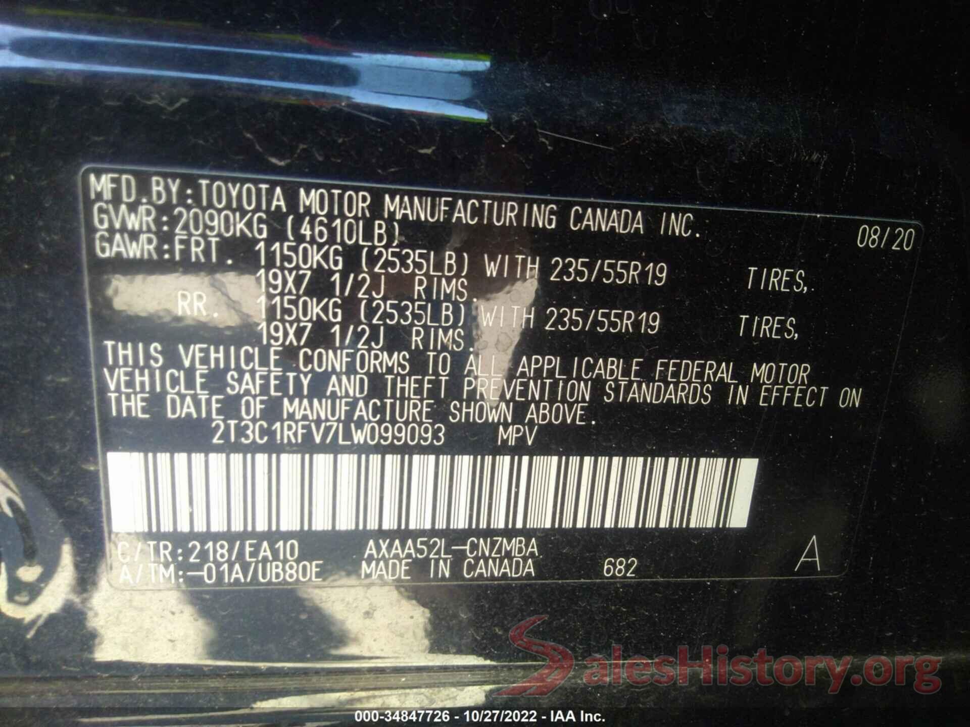 2T3C1RFV7LW099093 2020 TOYOTA RAV4