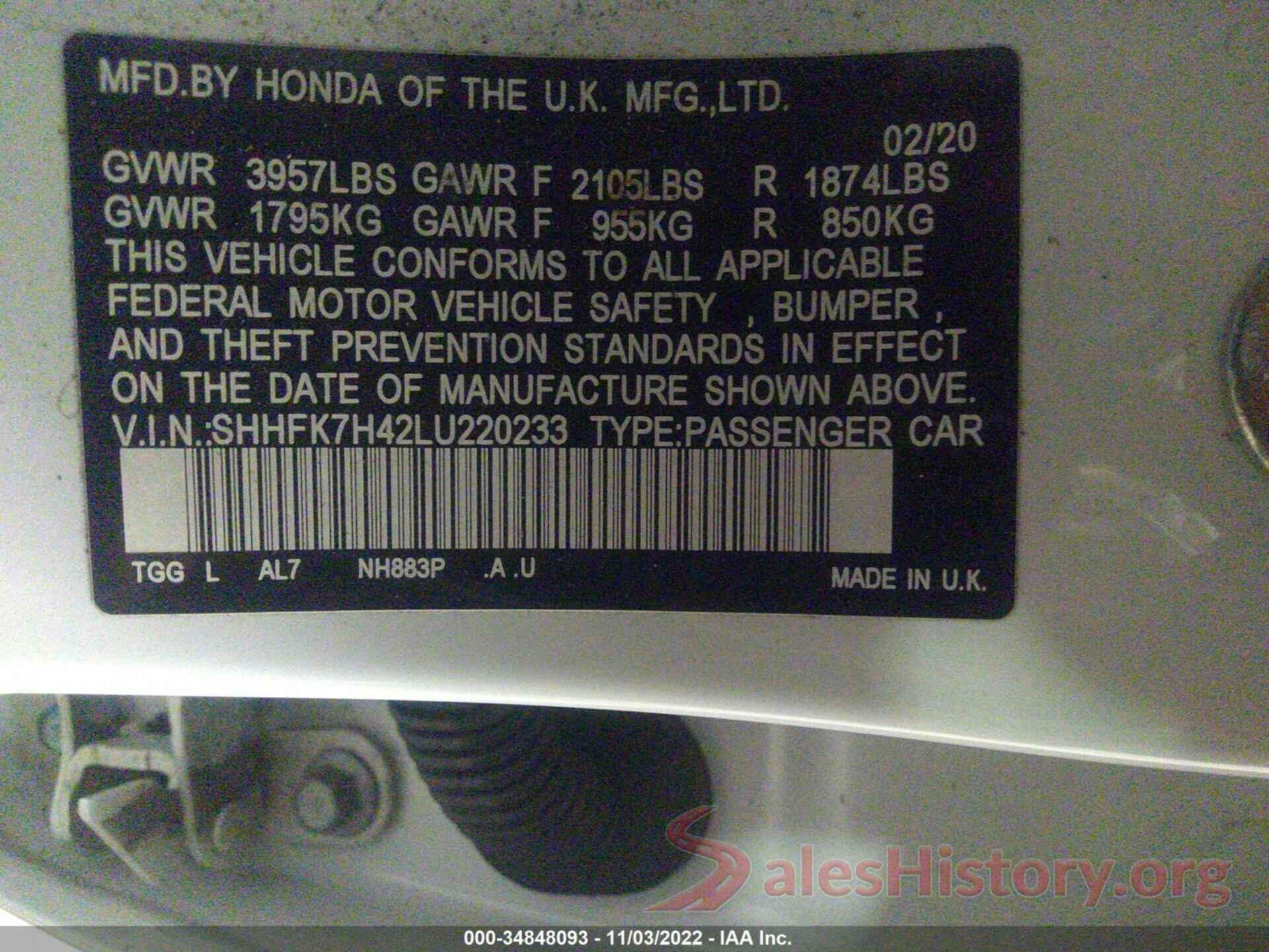 SHHFK7H42LU220233 2020 HONDA CIVIC HATCHBACK