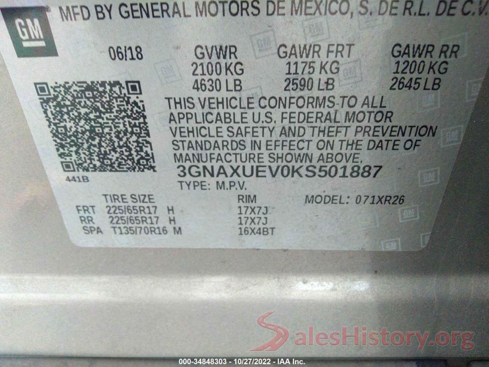 3GNAXUEV0KS501887 2019 CHEVROLET EQUINOX