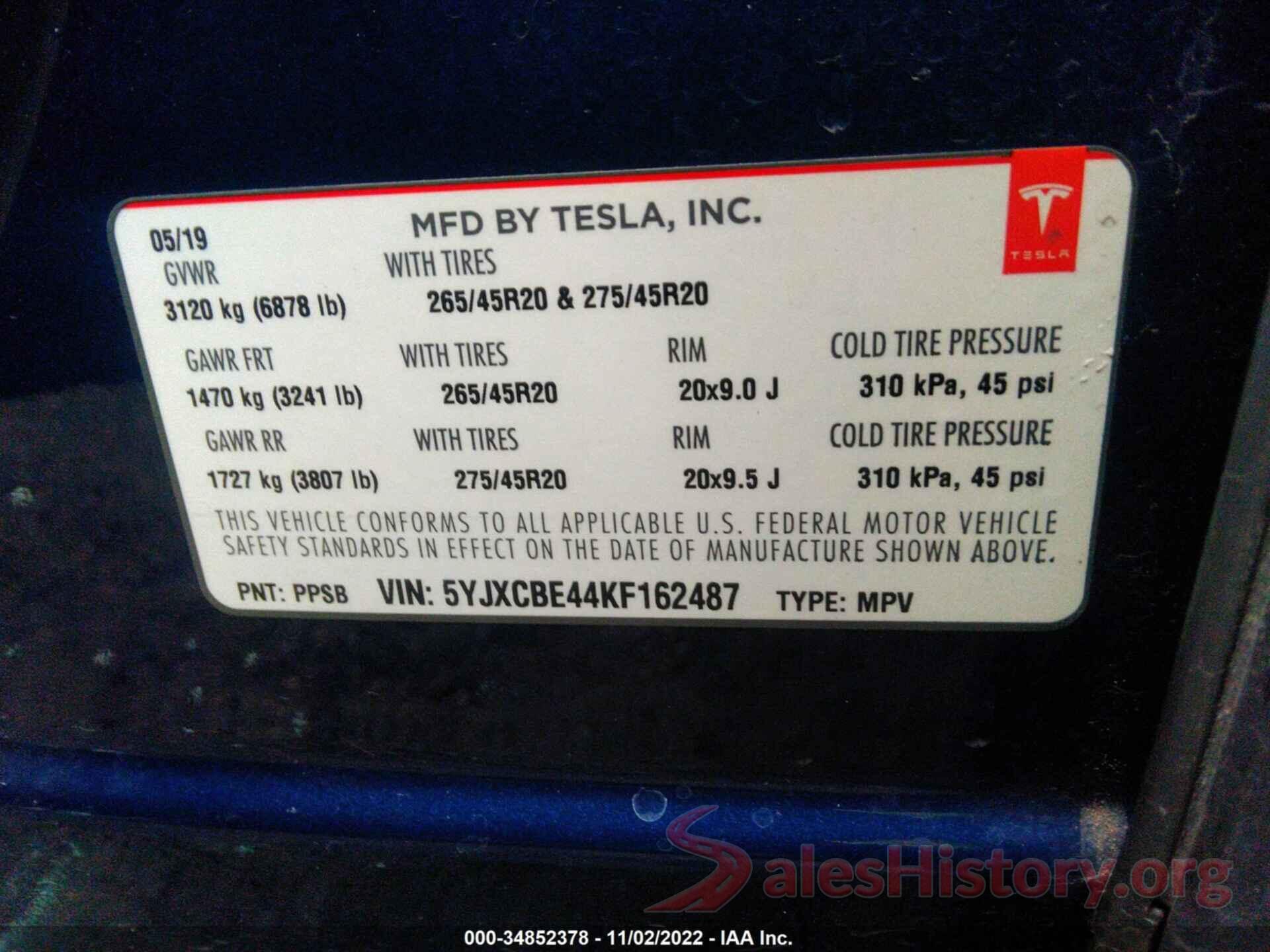 5YJXCBE44KF162487 2019 TESLA MODEL X