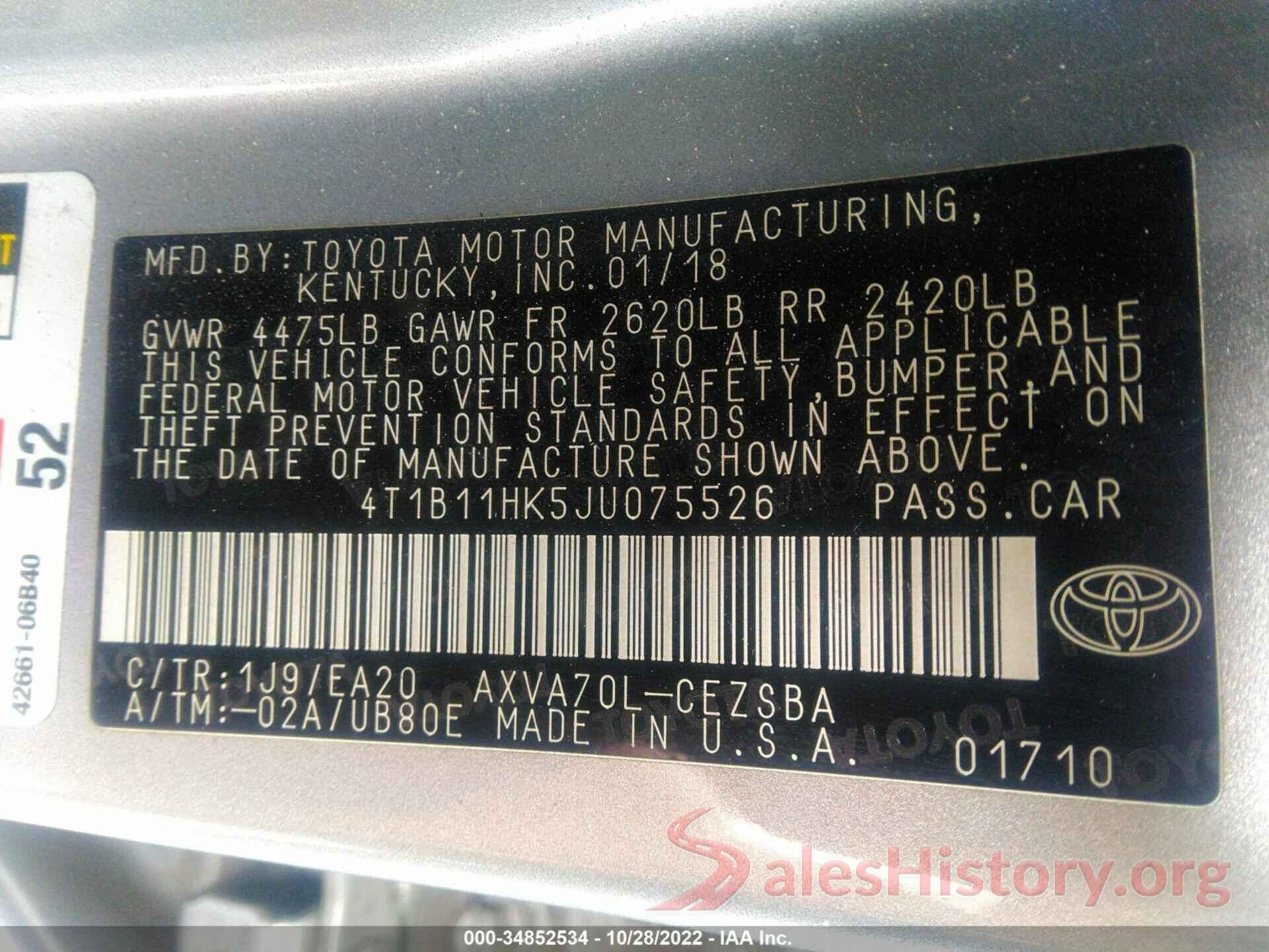 4T1B11HK5JU075526 2018 TOYOTA CAMRY