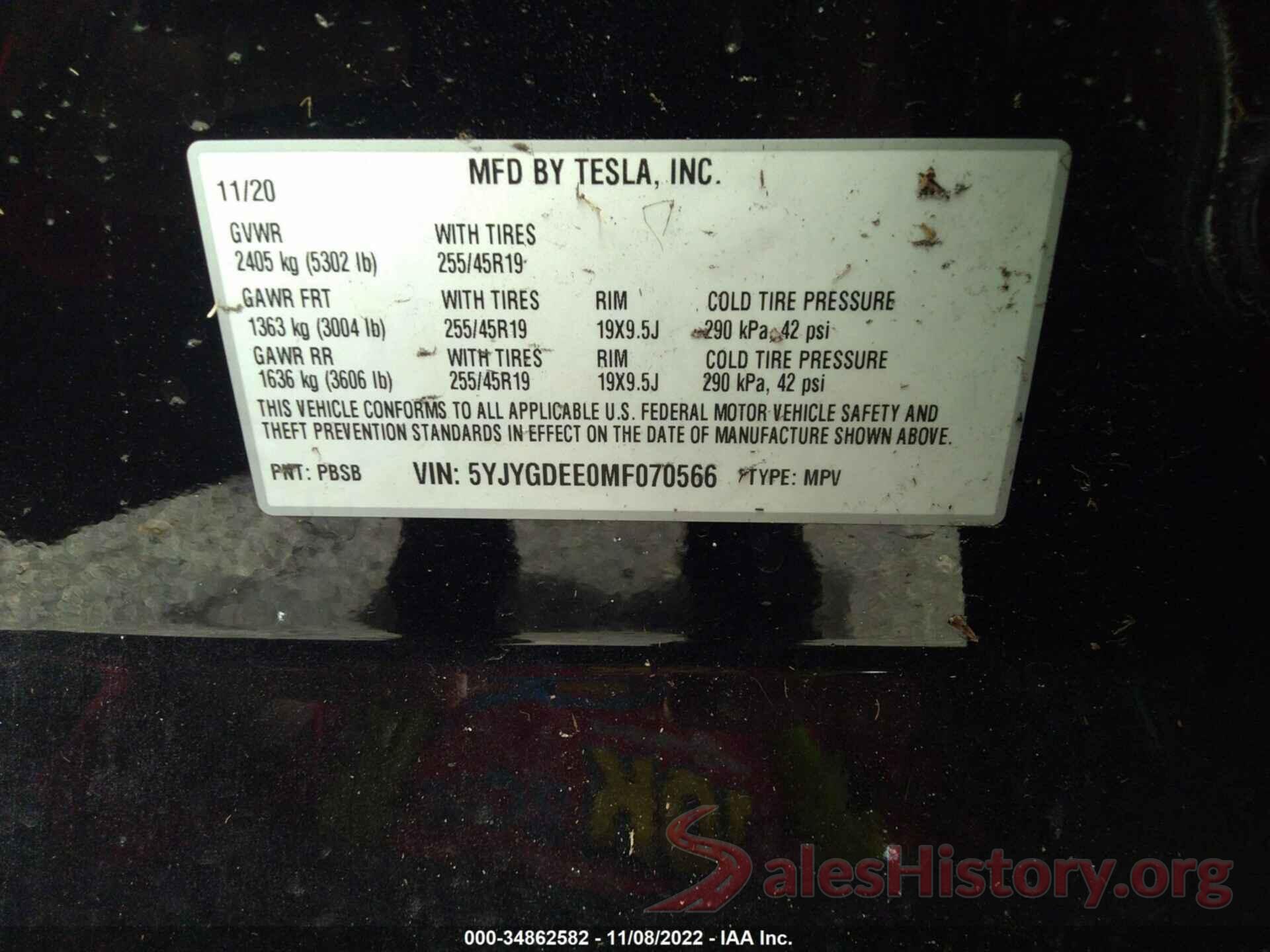 5YJYGDEE0MF070566 2021 TESLA MODEL Y