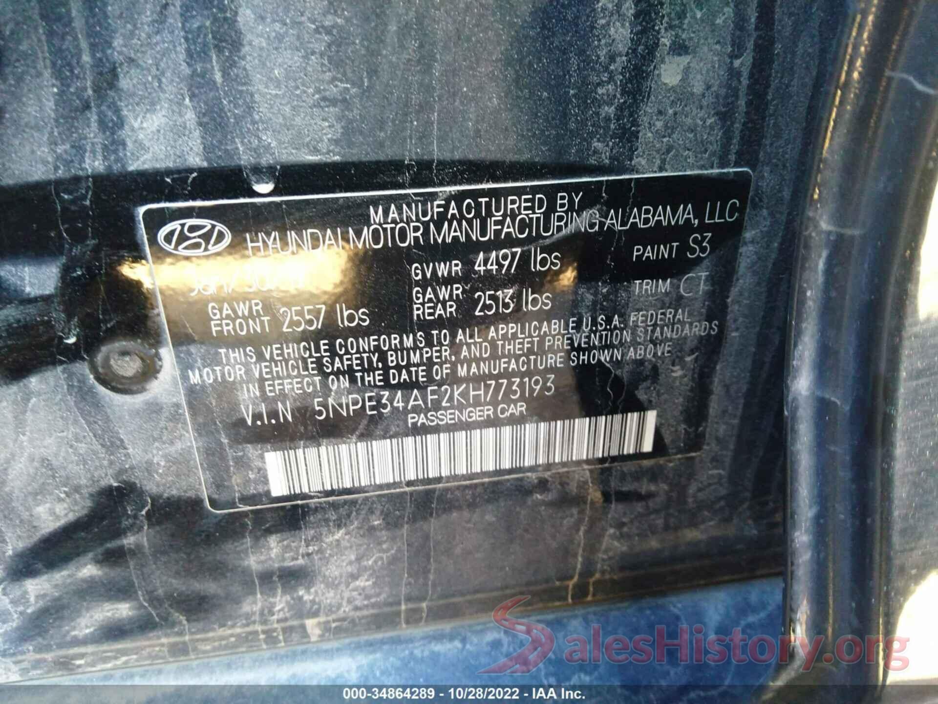 5NPE34AF2KH773193 2019 HYUNDAI SONATA