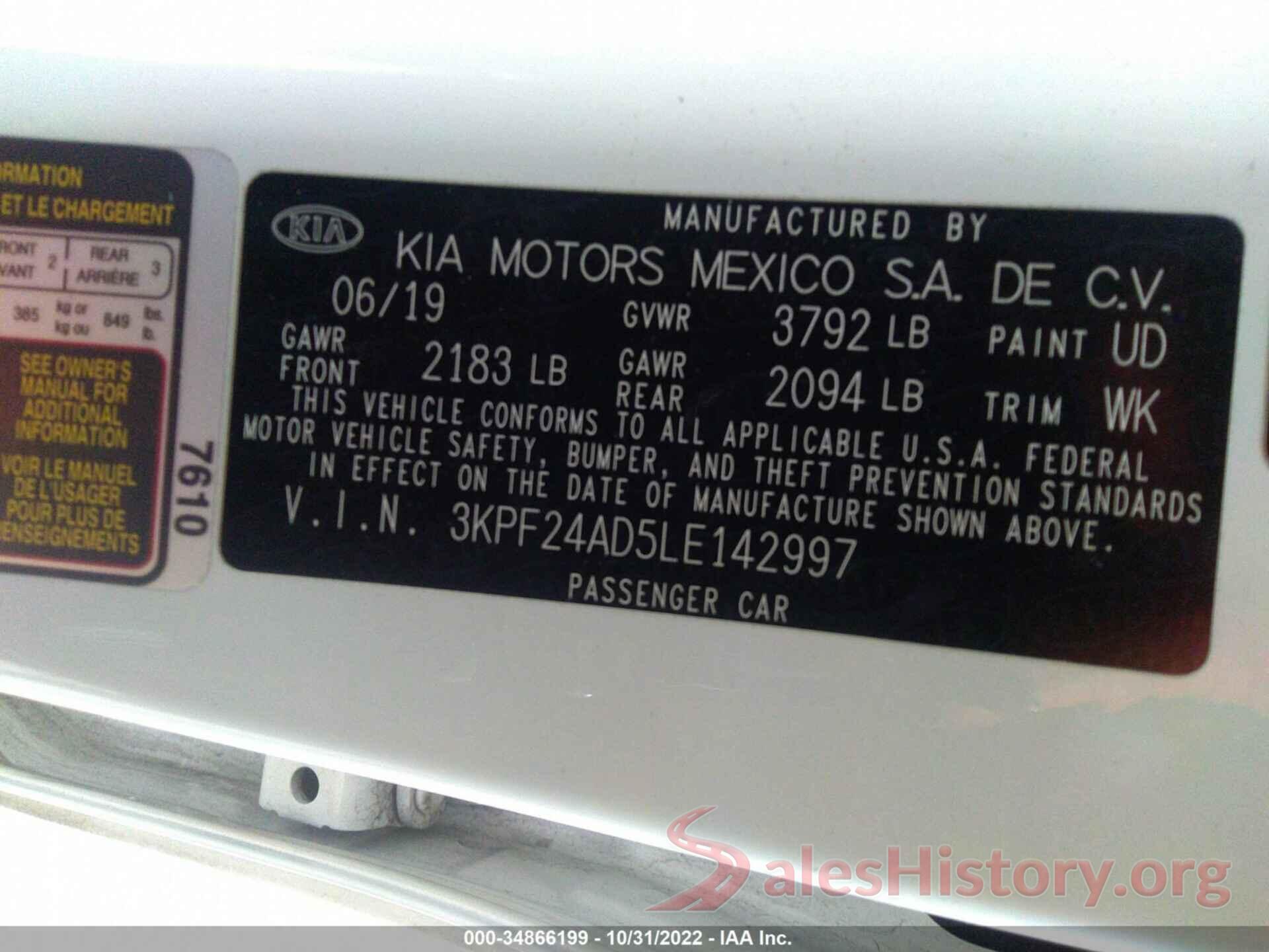 3KPF24AD5LE142997 2020 KIA FORTE