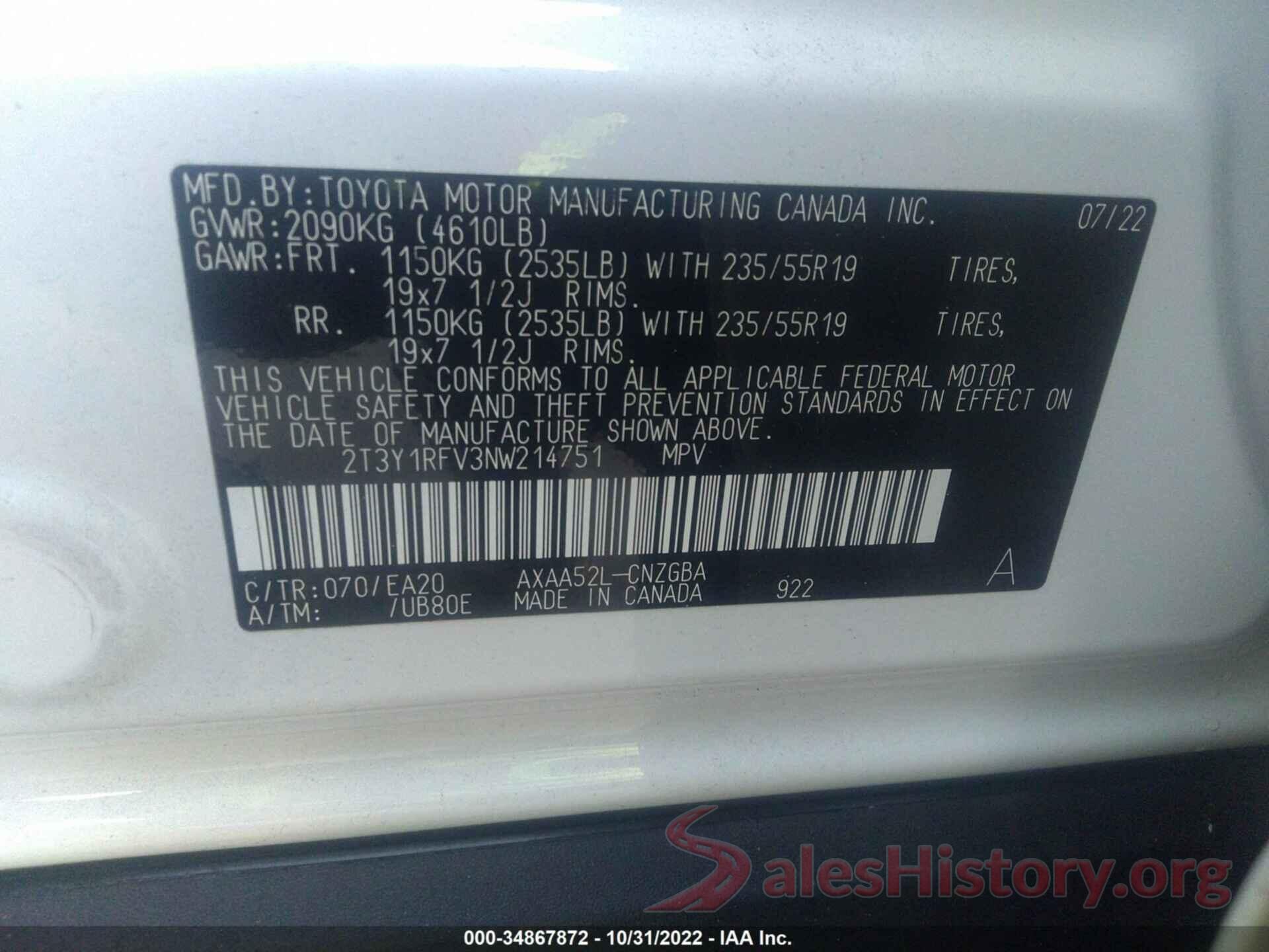 2T3Y1RFV3NW214751 2022 TOYOTA RAV4