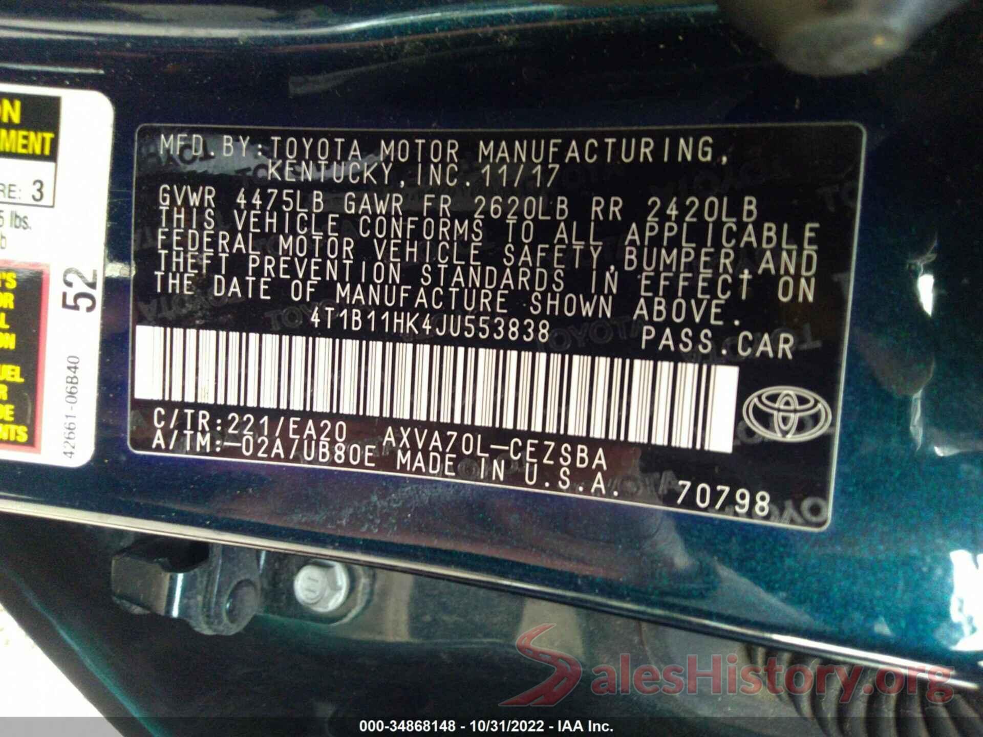 4T1B11HK4JU553838 2018 TOYOTA CAMRY