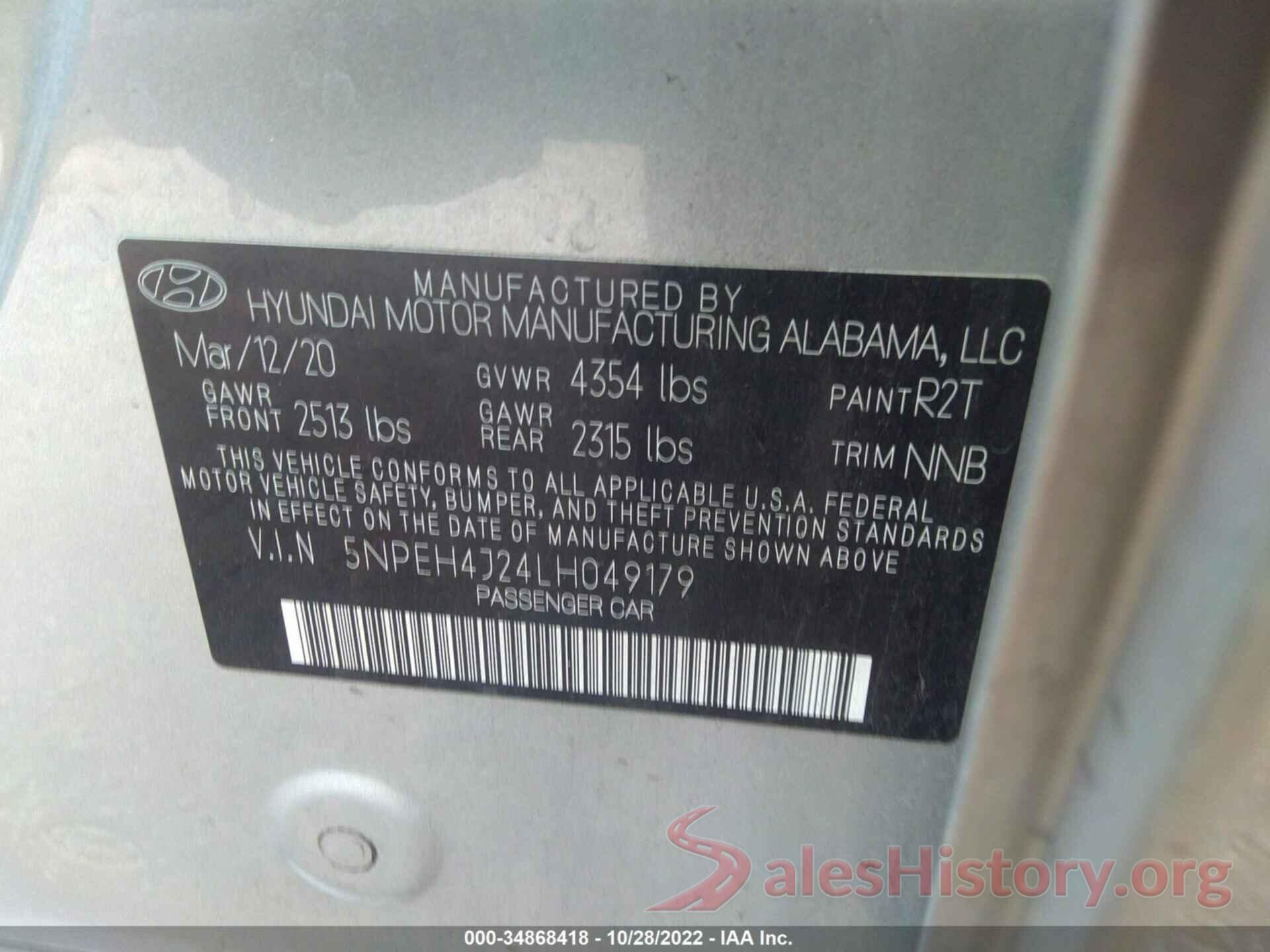 5NPEH4J24LH049179 2020 HYUNDAI SONATA