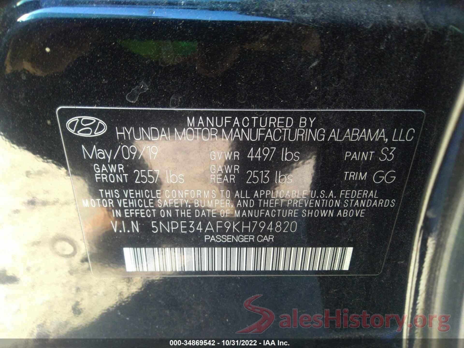 5NPE34AF9KH794820 2019 HYUNDAI SONATA