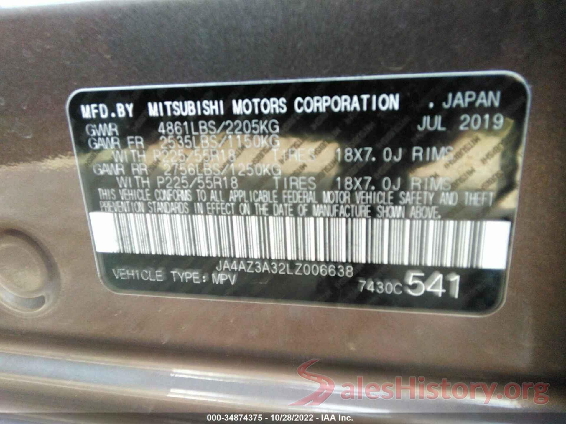 JA4AZ3A32LZ006638 2020 MITSUBISHI OUTLANDER