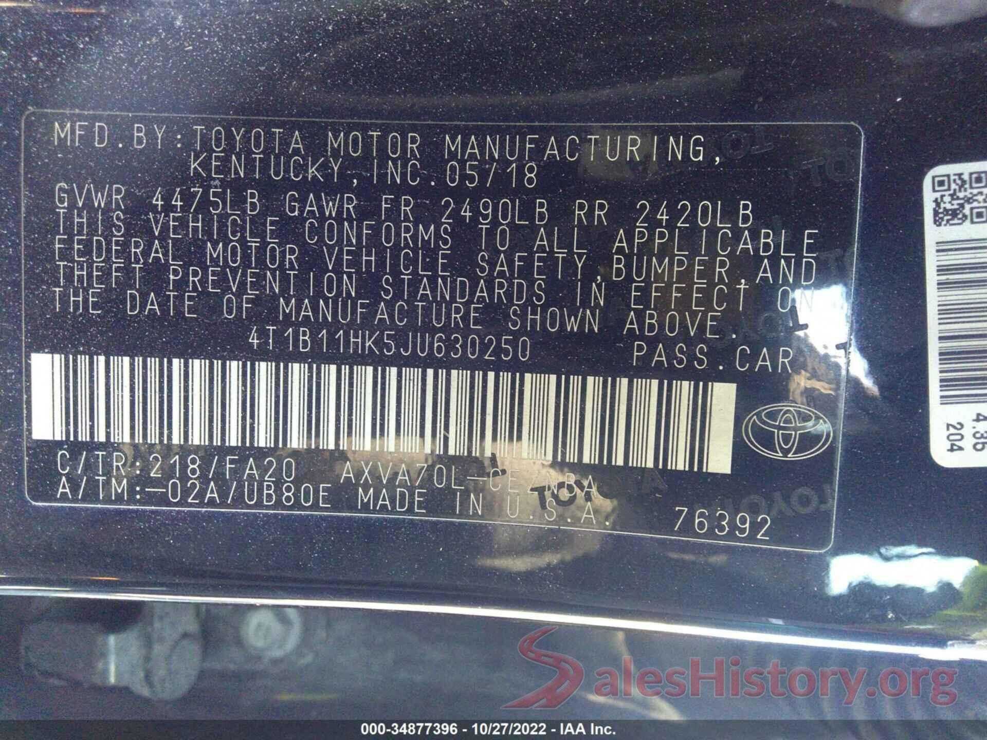 4T1B11HK5JU630250 2018 TOYOTA CAMRY