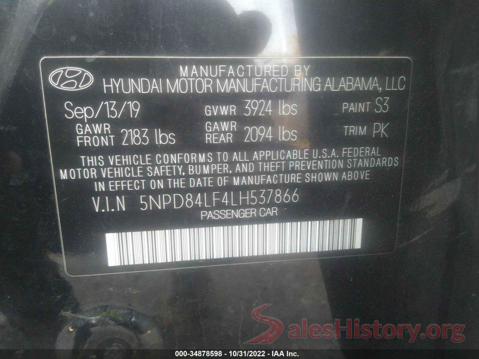 5NPD84LF4LH537866 2020 HYUNDAI ELANTRA