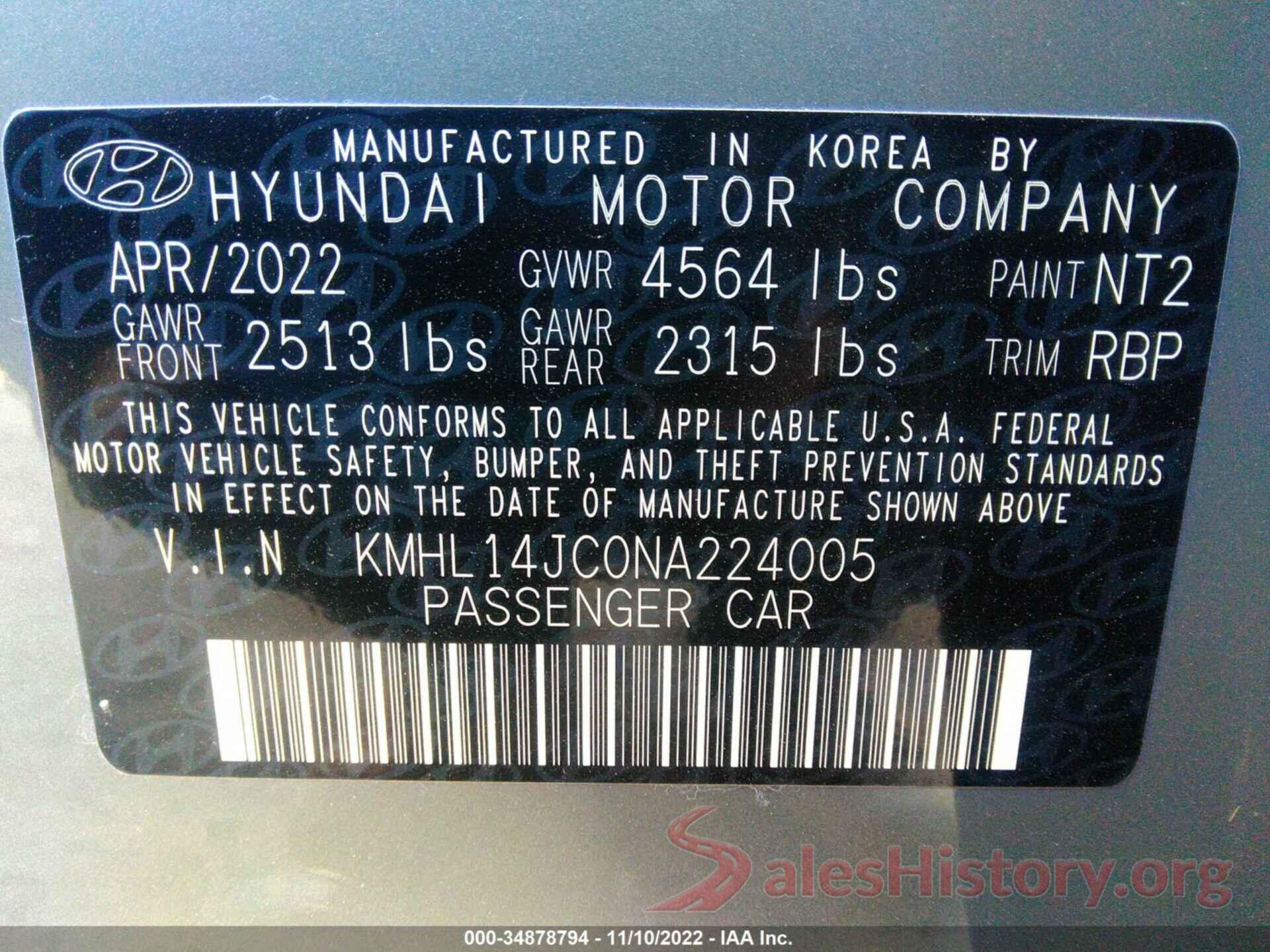 KMHL14JC0NA224005 2022 HYUNDAI SONATA