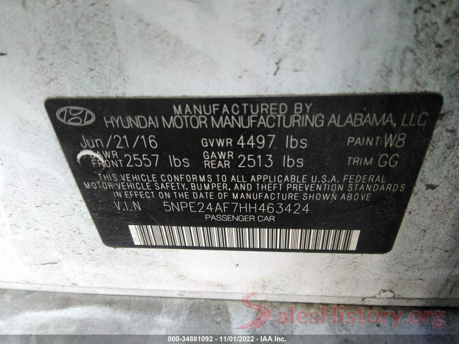 5NPE24AF7HH463424 2017 HYUNDAI SONATA