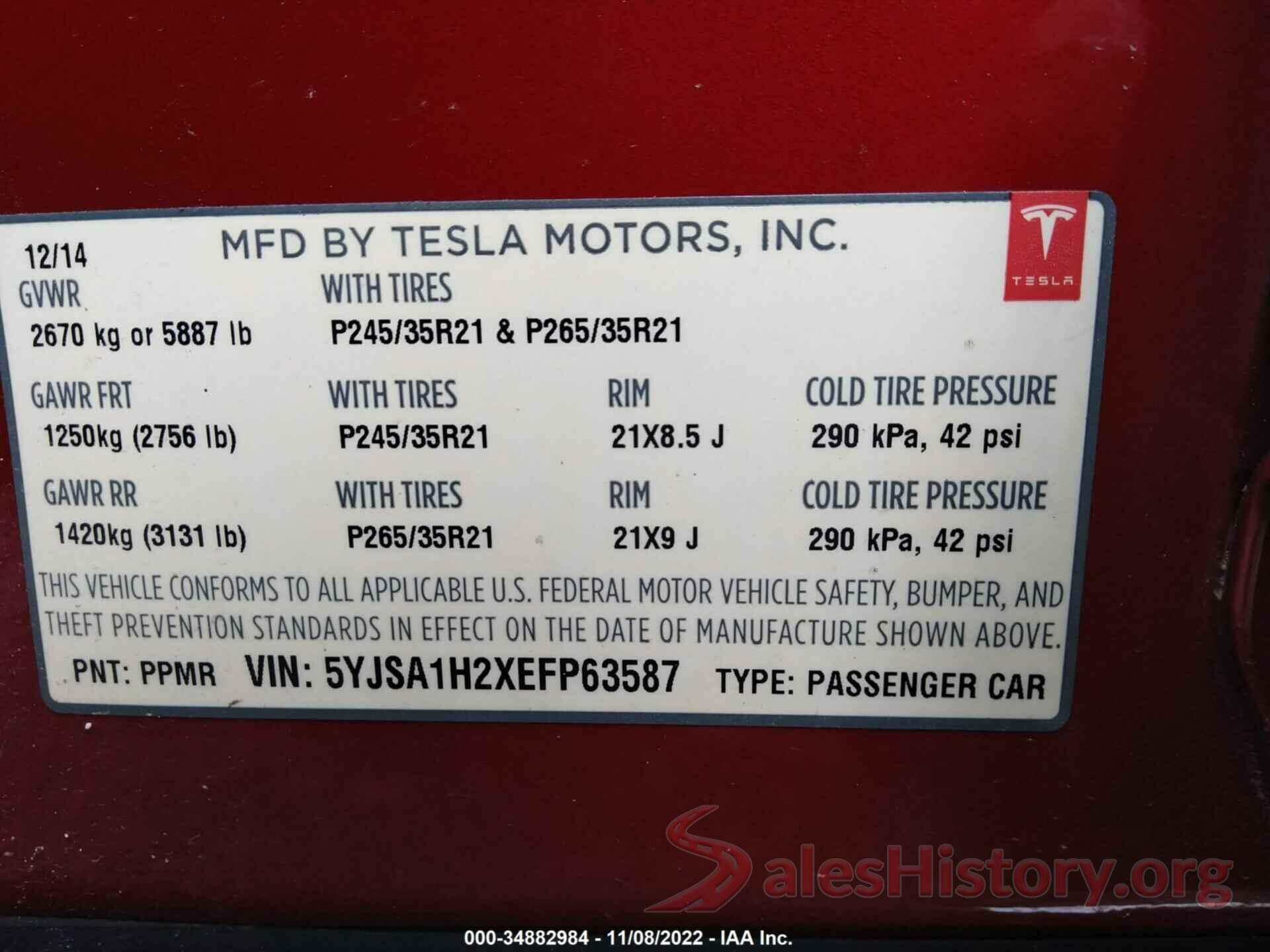 5YJSA1H2XEFP63587 2014 TESLA MODEL S