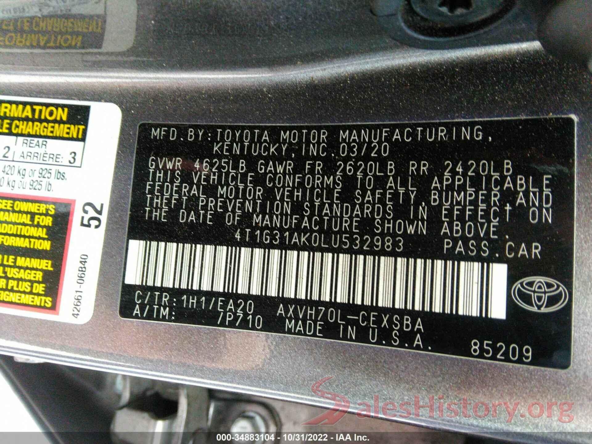 4T1G31AK0LU532983 2020 TOYOTA CAMRY