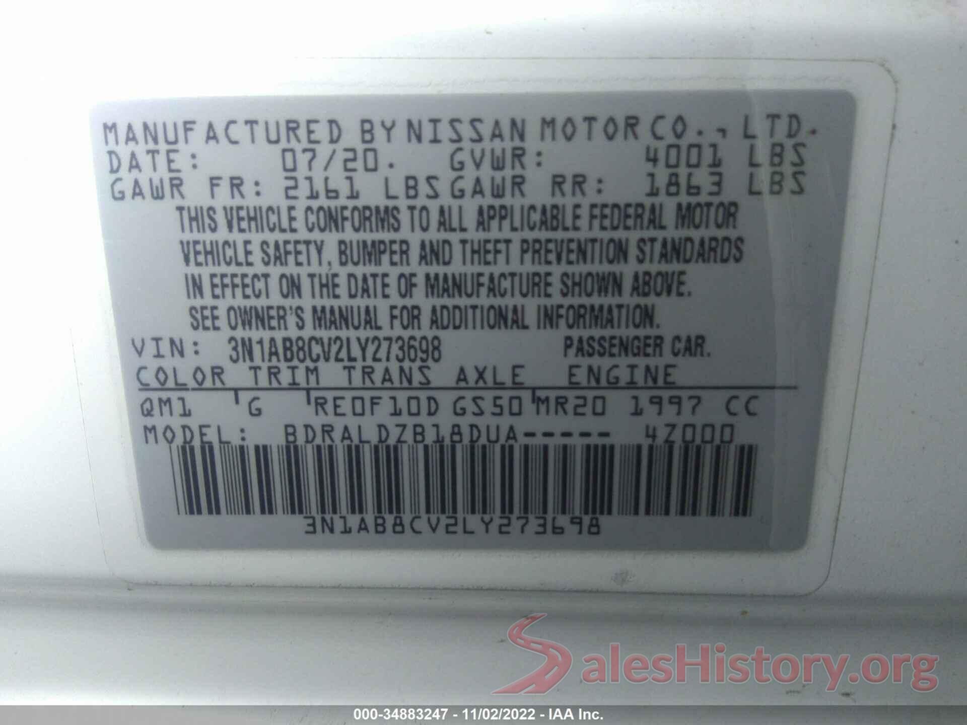 3N1AB8CV2LY273698 2020 NISSAN SENTRA