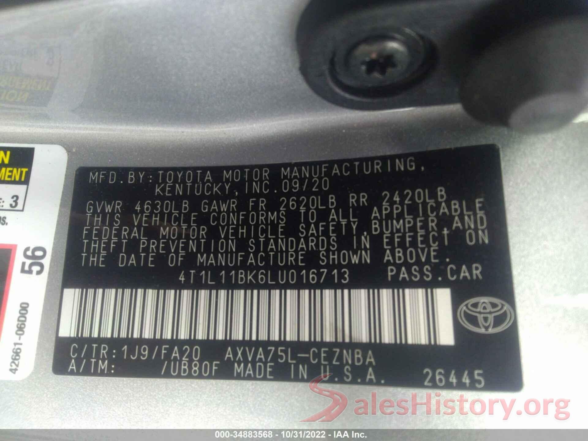 4T1L11BK6LU016713 2020 TOYOTA CAMRY