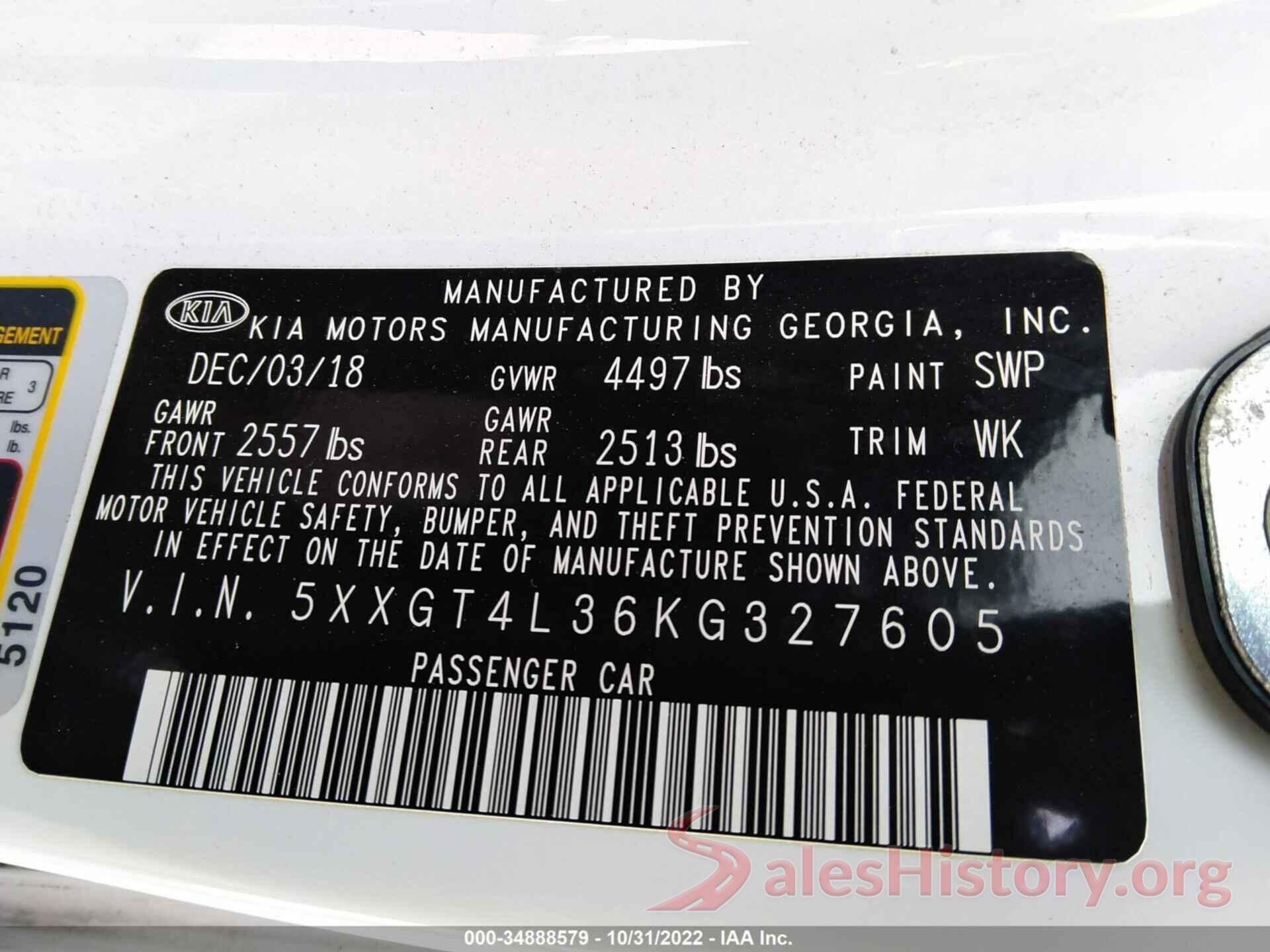 5XXGT4L36KG327605 2019 KIA OPTIMA