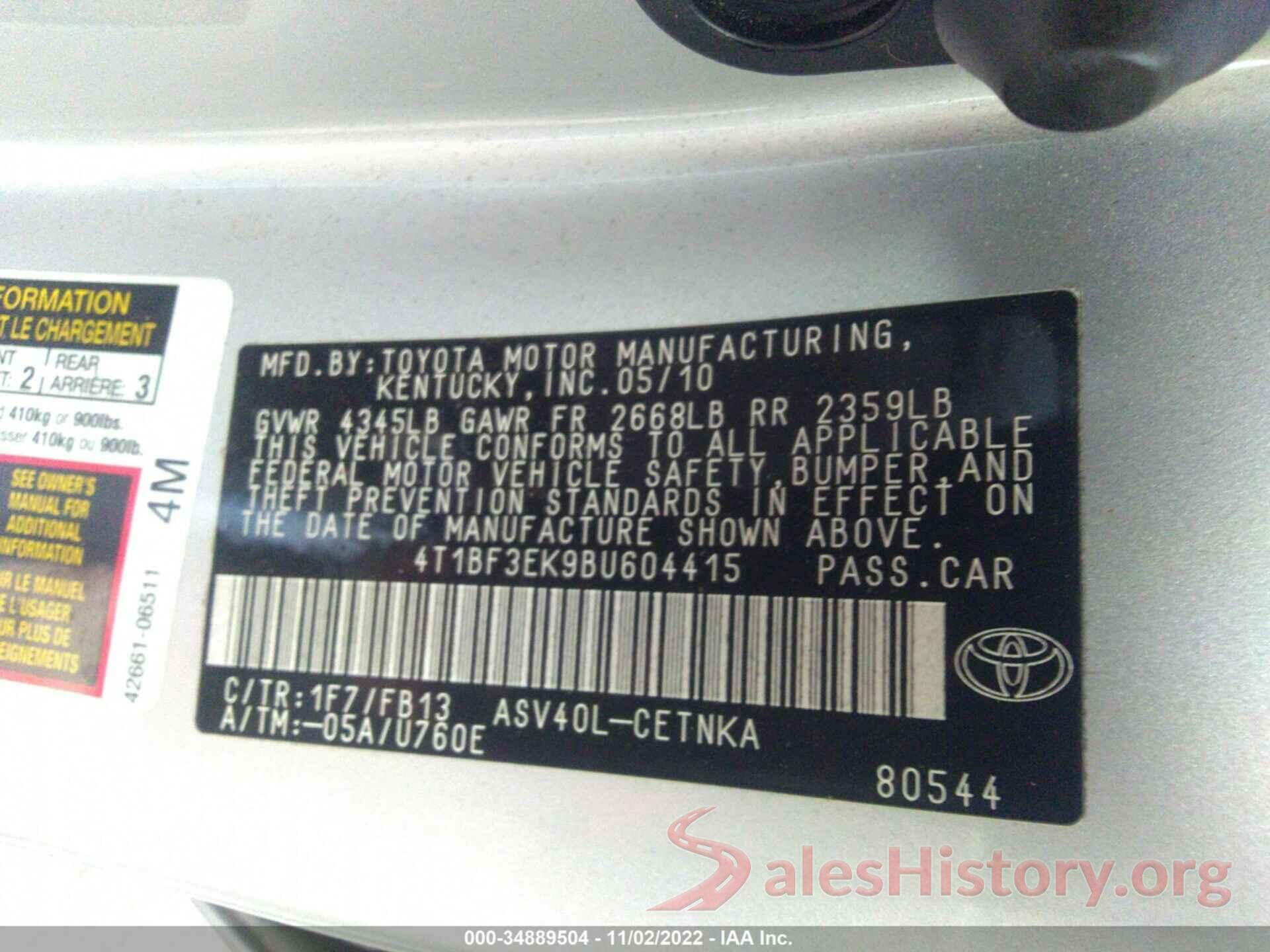 4T1BF3EK9BU604415 2011 TOYOTA CAMRY