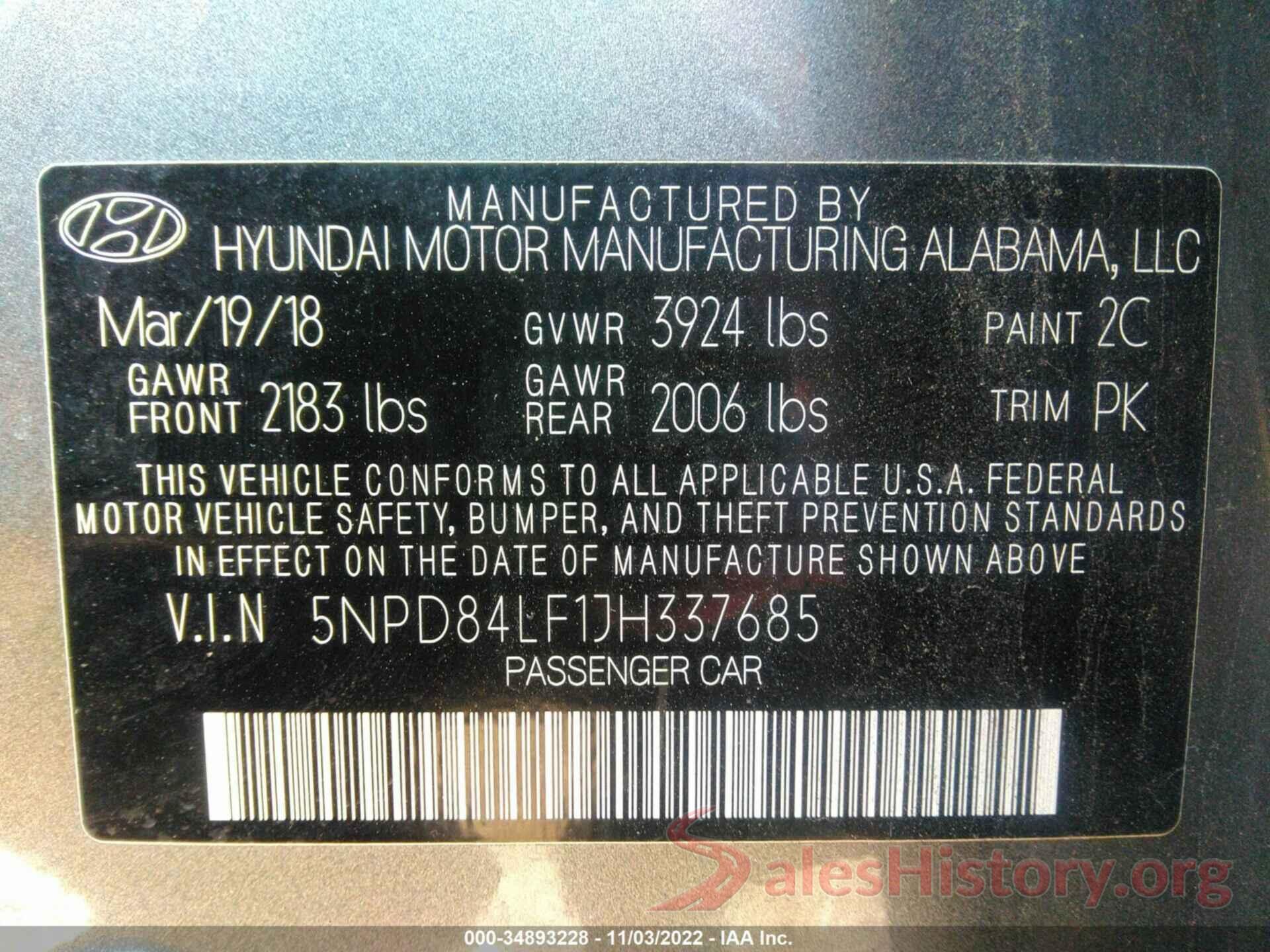 5NPD84LF1JH337685 2018 HYUNDAI ELANTRA