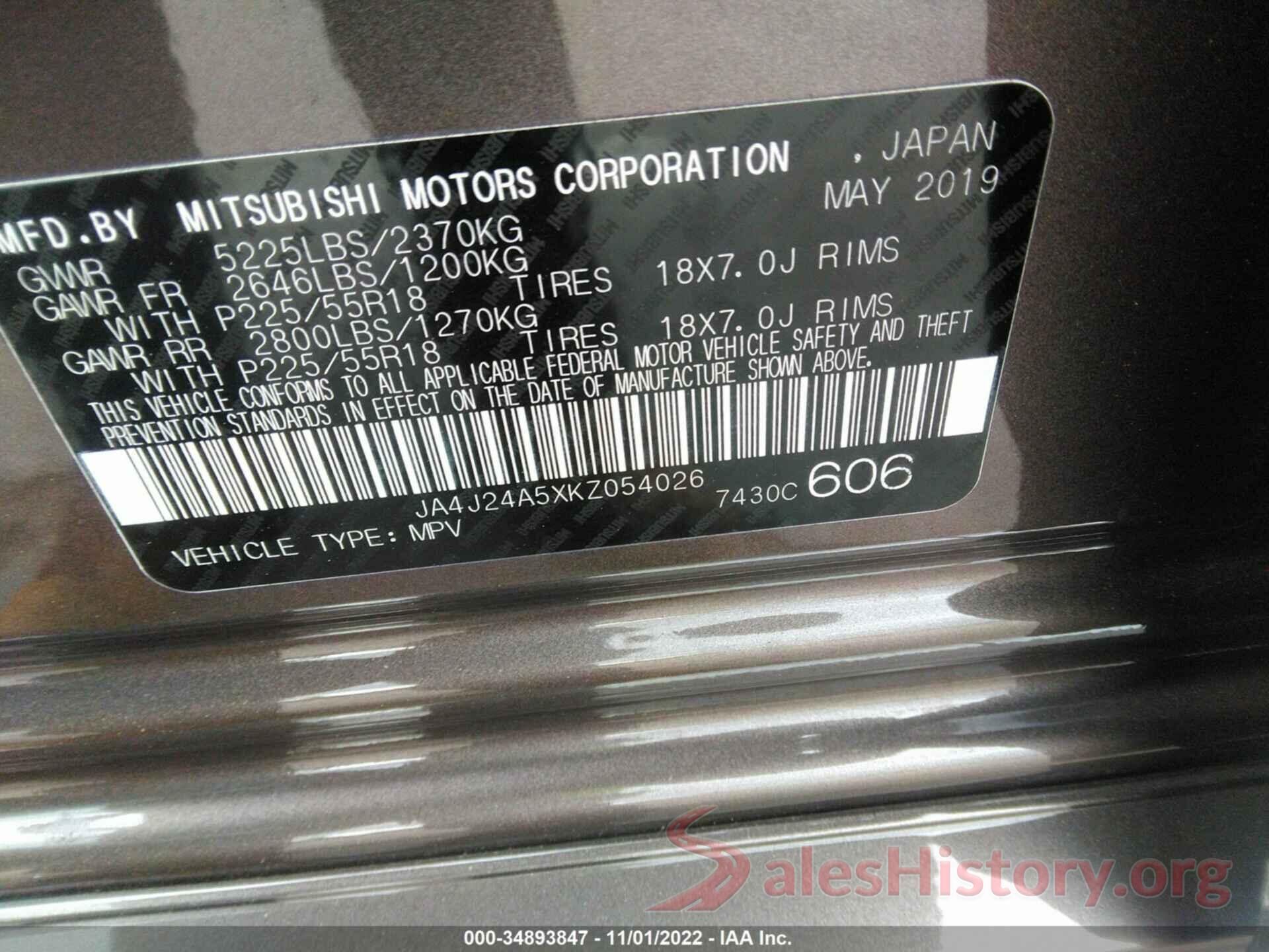 JA4J24A5XKZ054026 2019 MITSUBISHI OUTLANDER PHEV