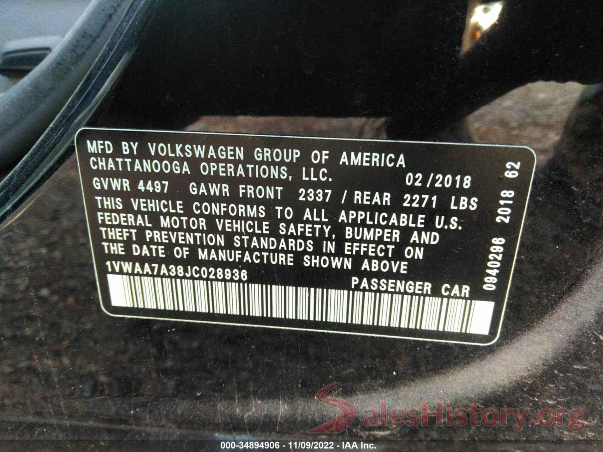 1VWAA7A38JC028936 2018 VOLKSWAGEN PASSAT