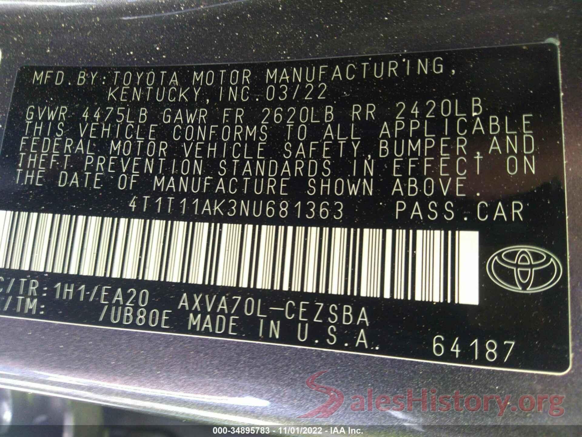 4T1T11AK3NU681363 2022 TOYOTA CAMRY