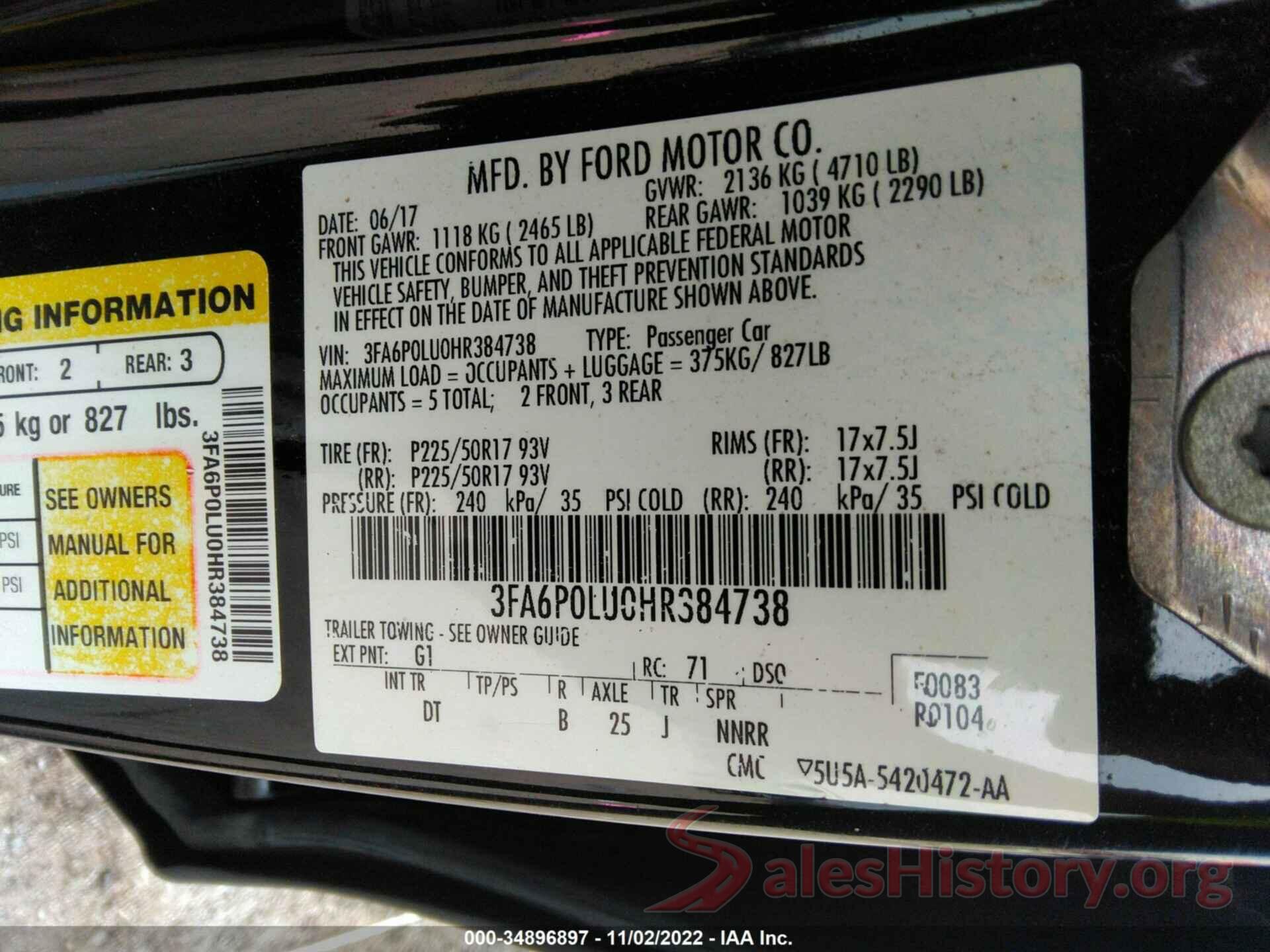 3FA6P0LU0HR384738 2017 FORD FUSION