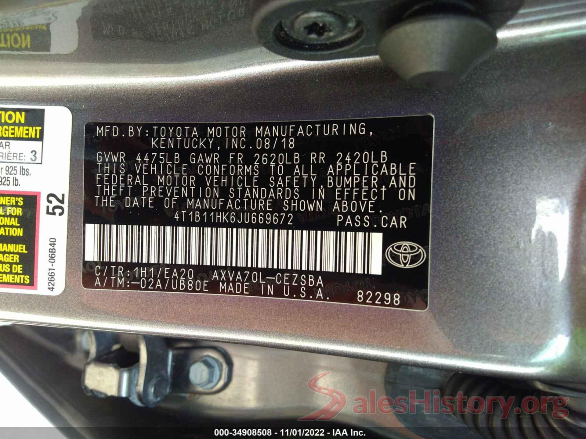 4T1B11HK6JU669672 2018 TOYOTA CAMRY