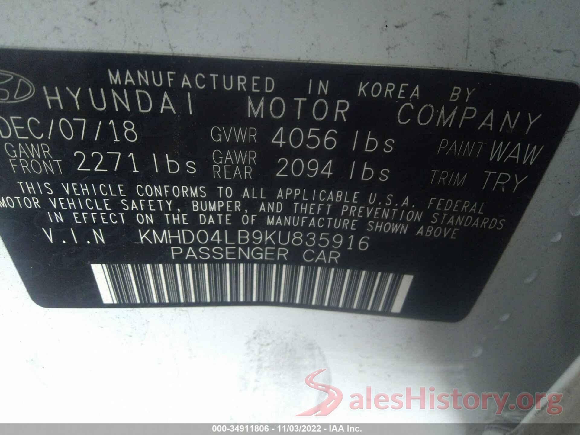 KMHD04LB9KU835916 2019 HYUNDAI ELANTRA