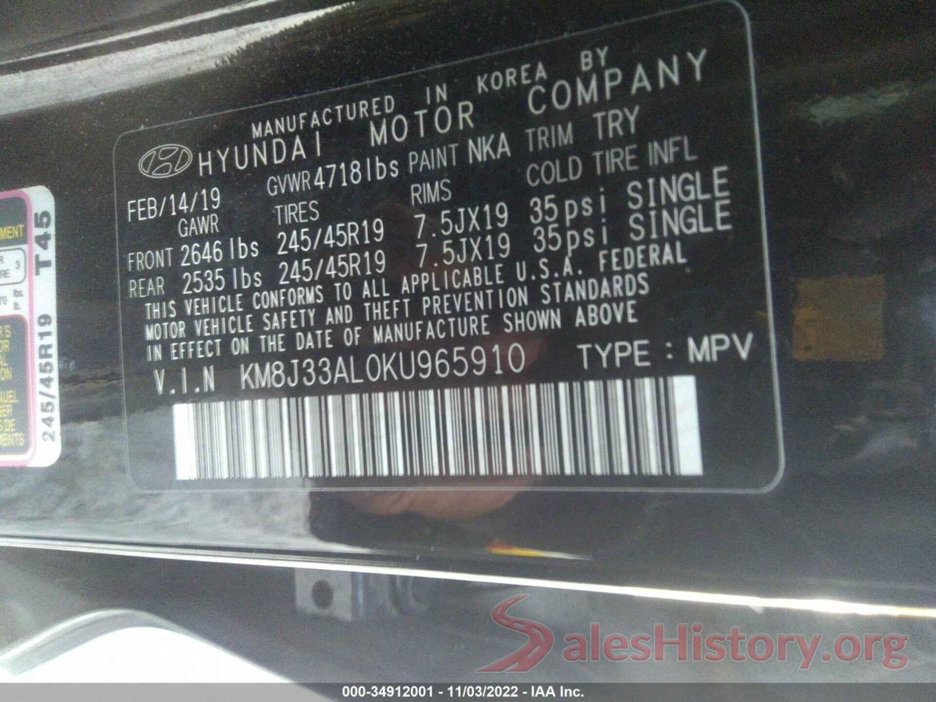 KM8J33AL0KU965910 2019 HYUNDAI TUCSON