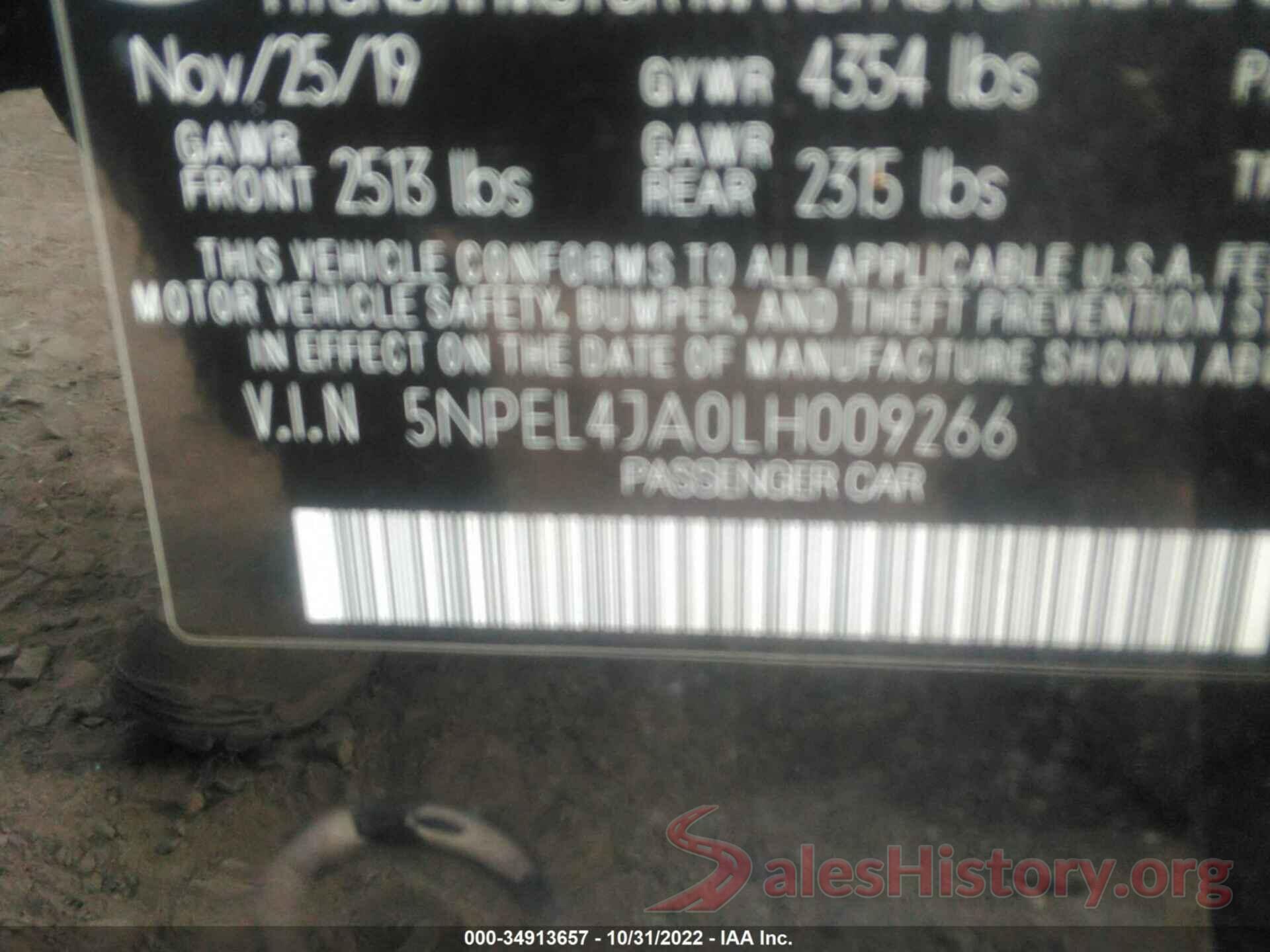 5NPEL4JA0LH009266 2020 HYUNDAI SONATA