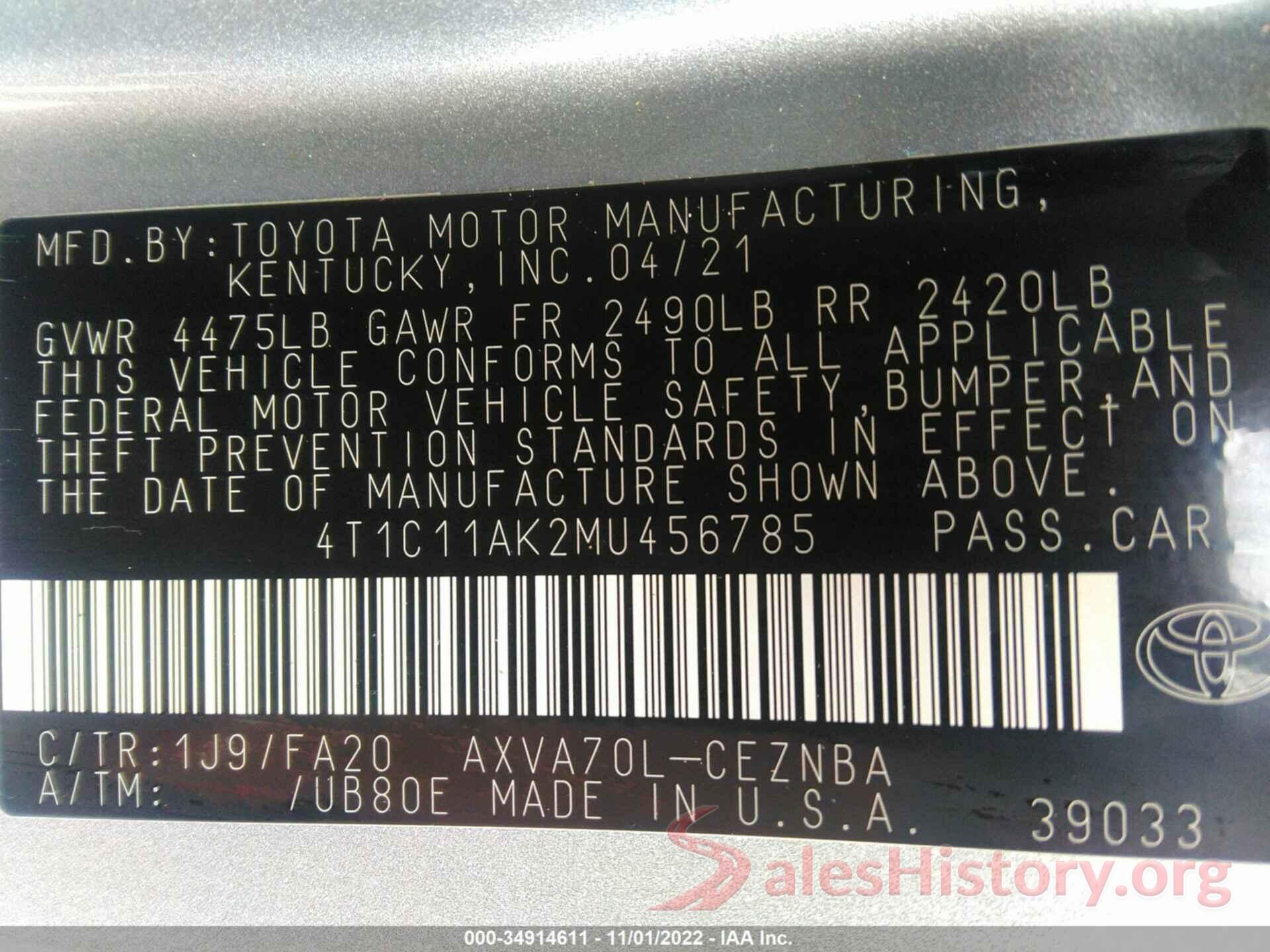 4T1C11AK2MU456785 2021 TOYOTA CAMRY