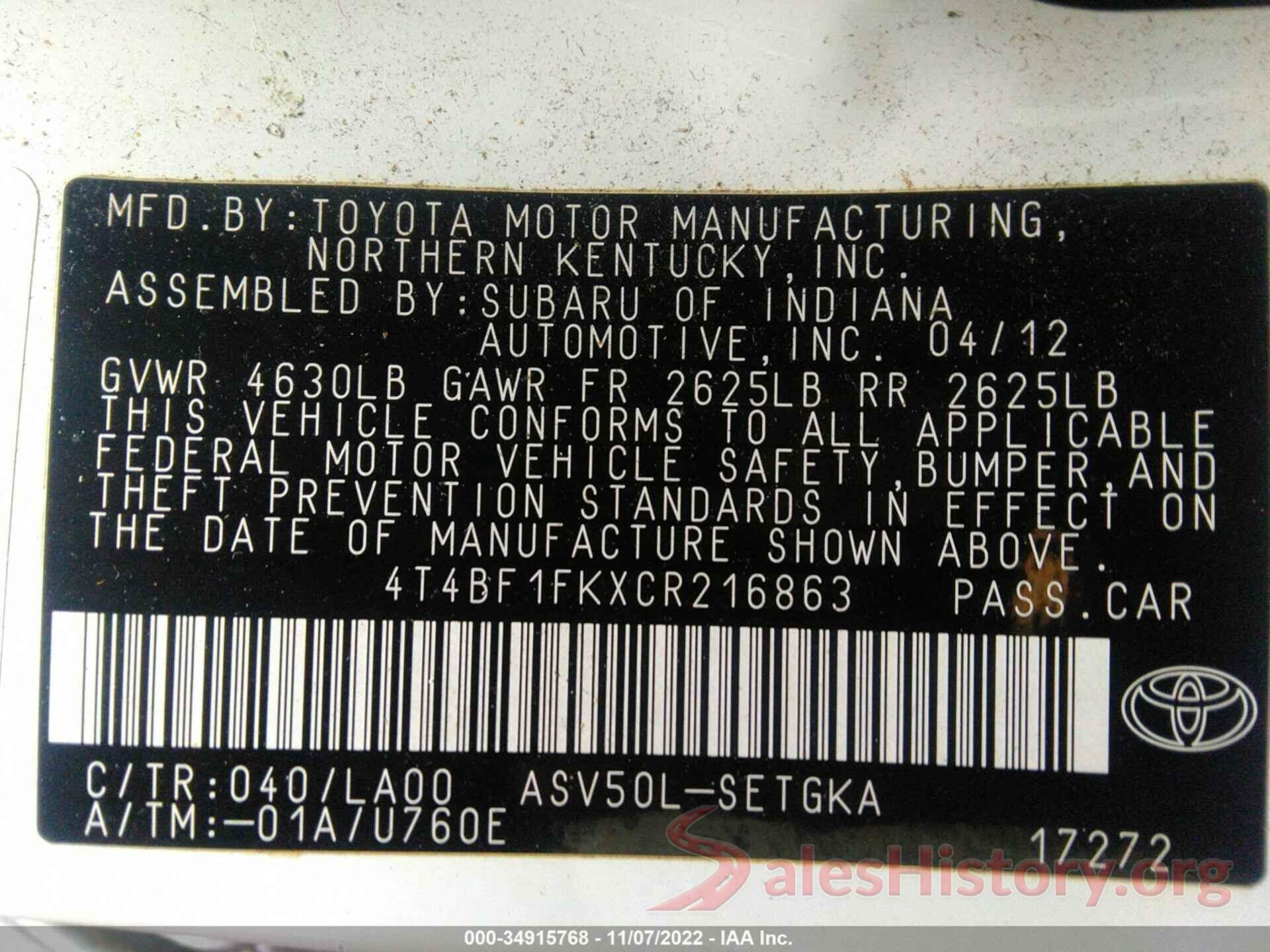 4T4BF1FKXCR216863 2012 TOYOTA CAMRY