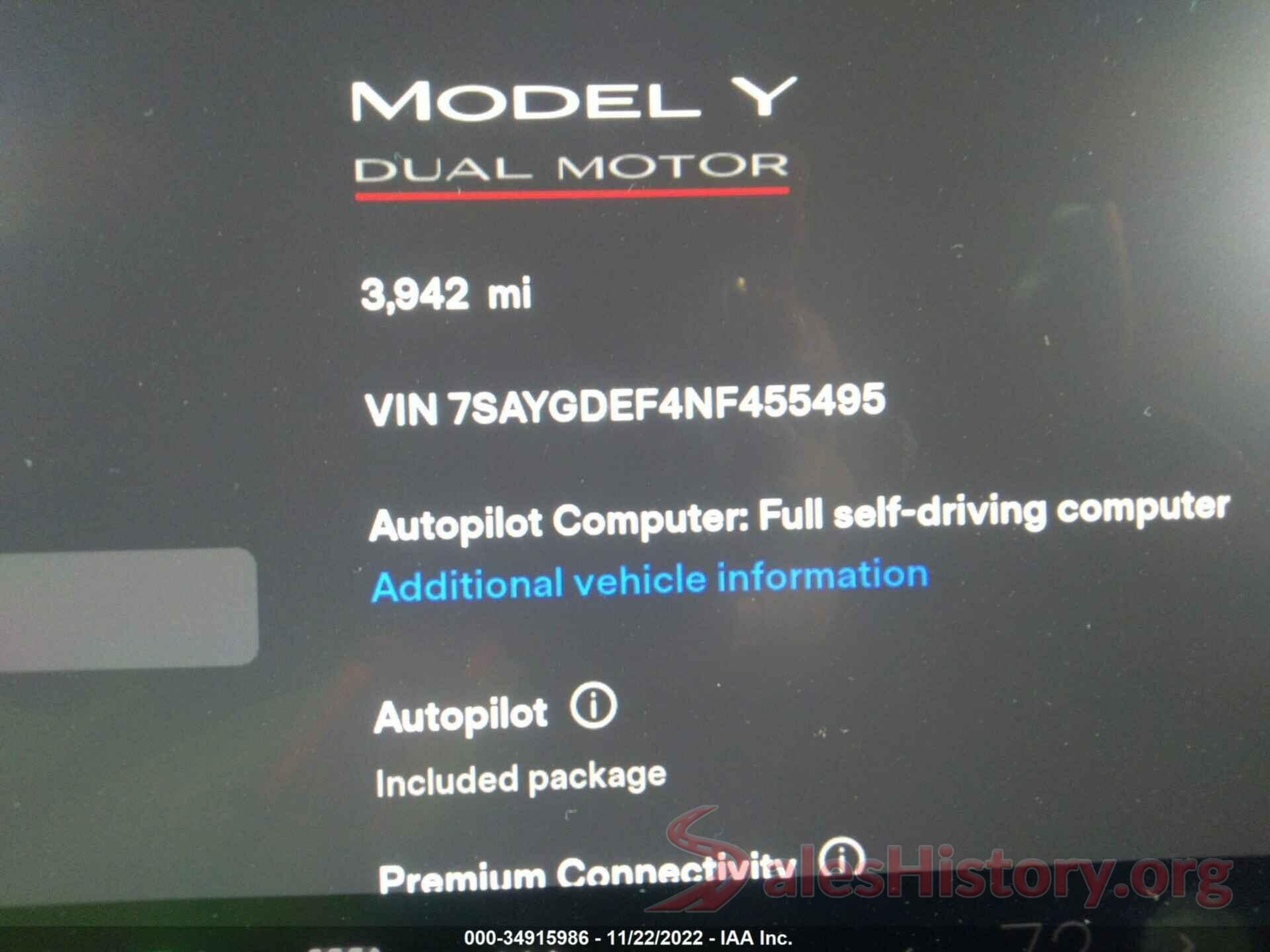 7SAYGDEF4NF455495 2022 TESLA MODEL Y