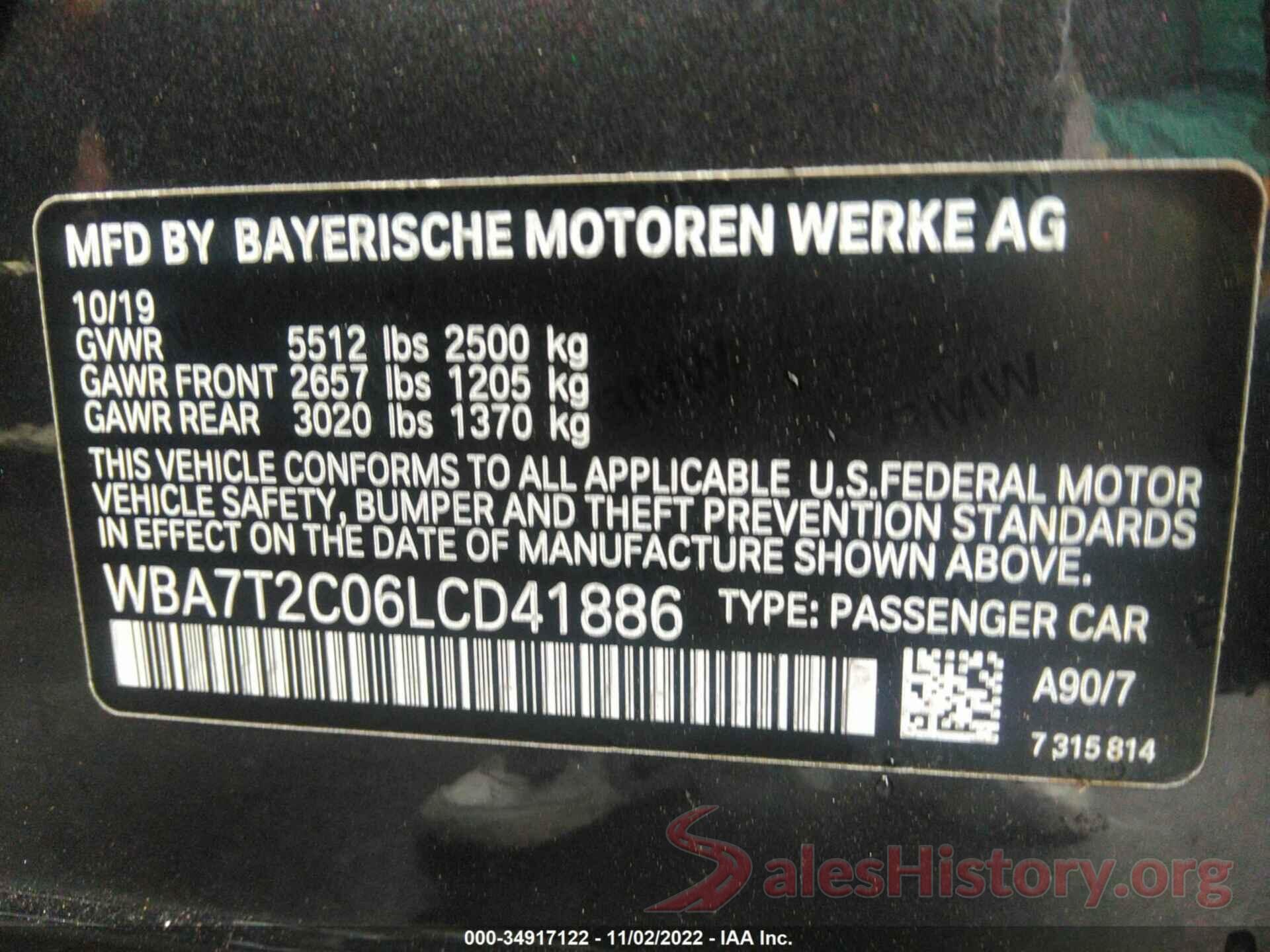 WBA7T2C06LCD41886 2020 BMW 7 SERIES