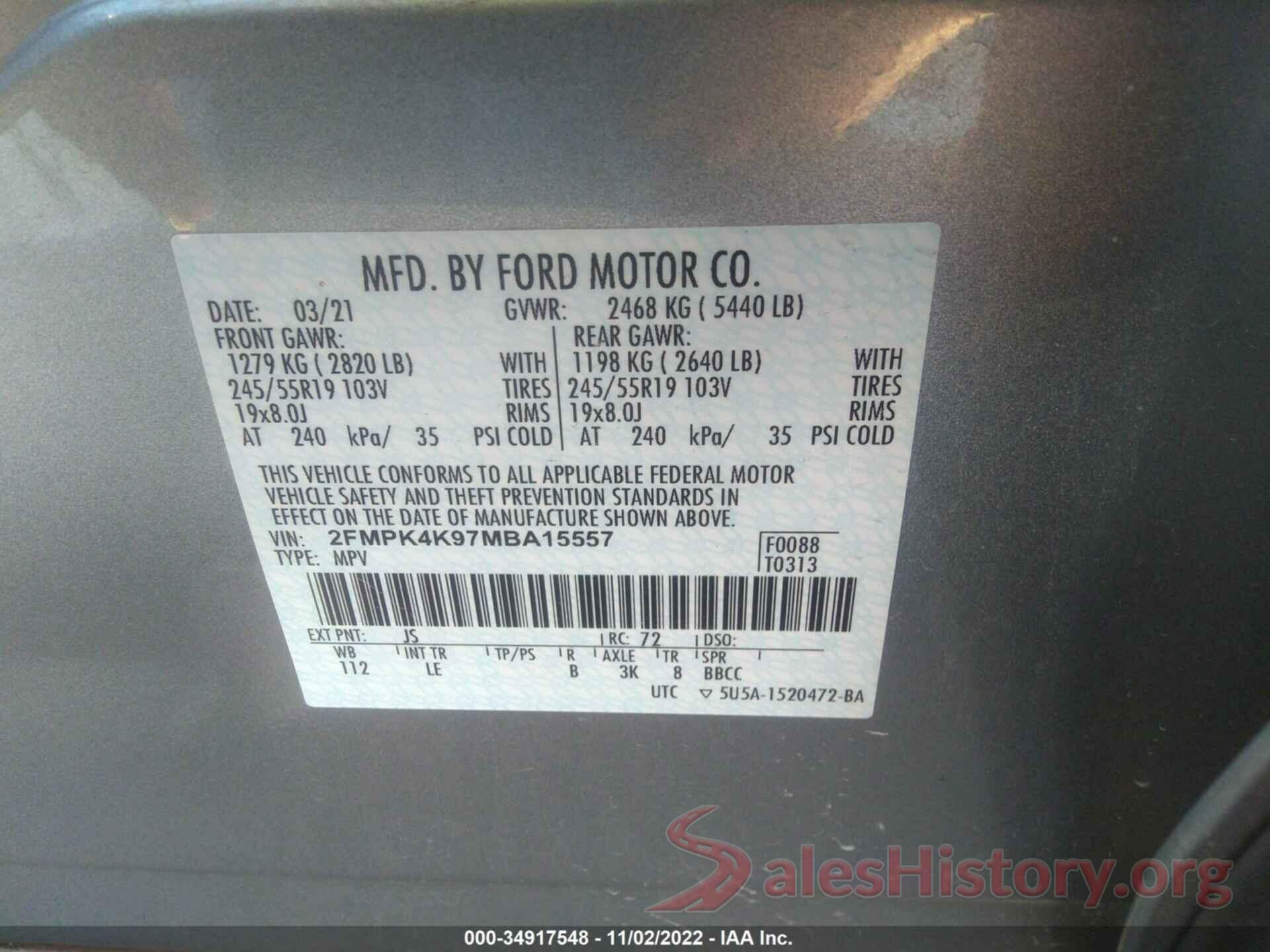 2FMPK4K97MBA15557 2021 FORD EDGE