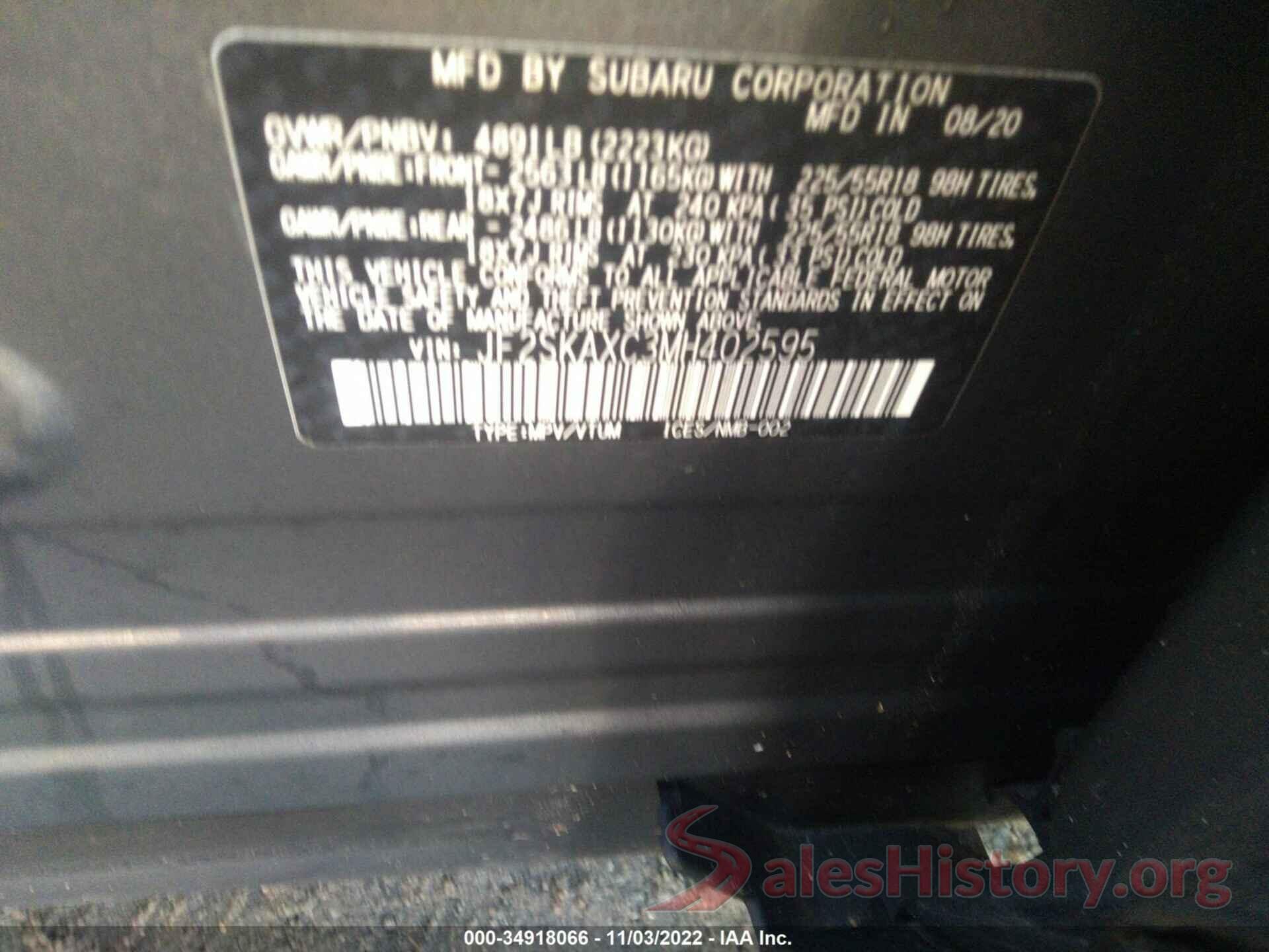 JF2SKAXC3MH402595 2021 SUBARU FORESTER