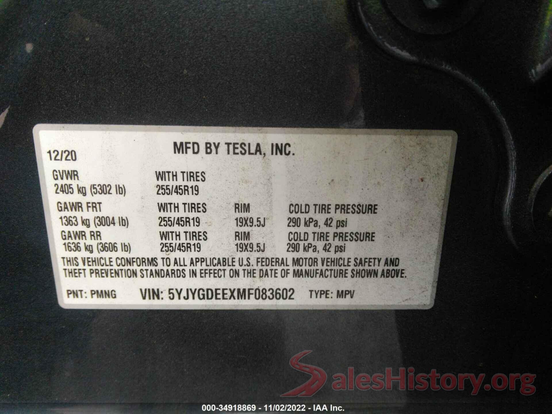 5YJYGDEEXMF083602 2021 TESLA MODEL Y