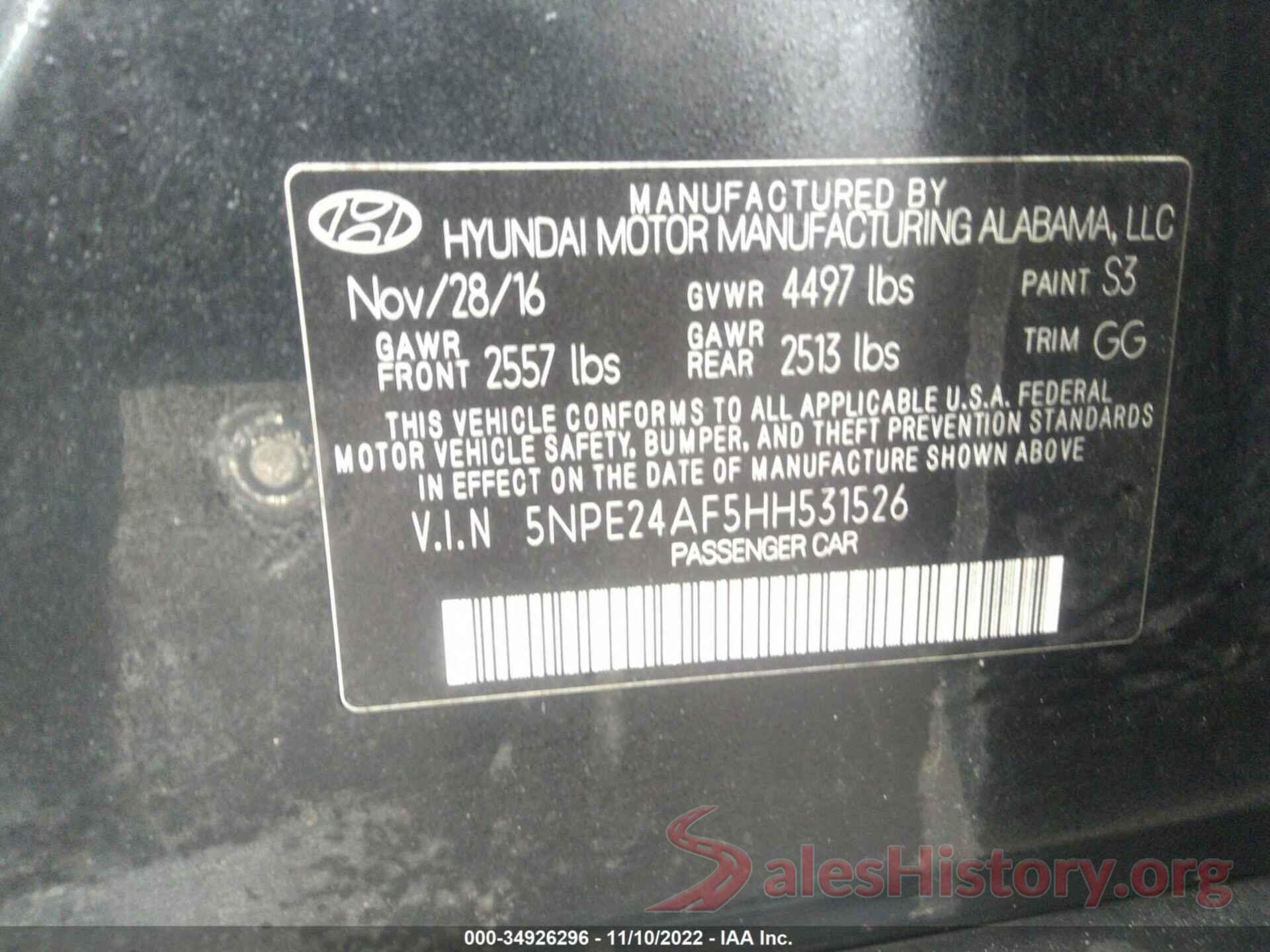 5NPE24AF5HH531526 2017 HYUNDAI SONATA