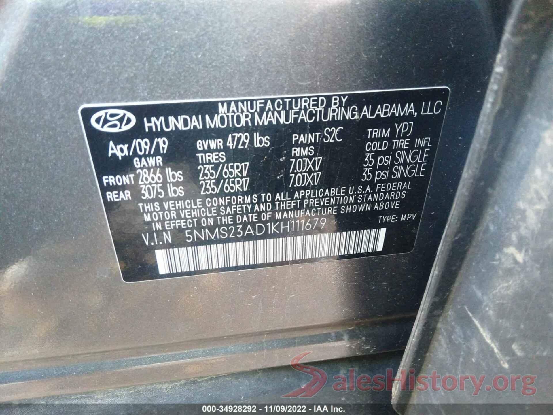 5NMS23AD1KH111679 2019 HYUNDAI SANTA FE