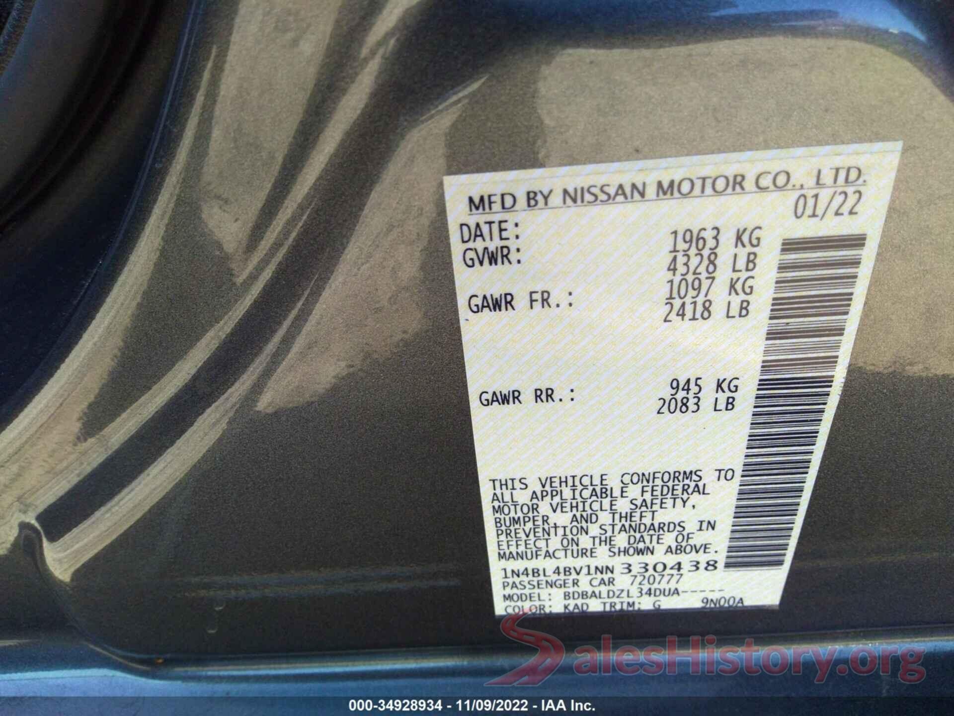 1N4BL4BV1NN330438 2022 NISSAN ALTIMA